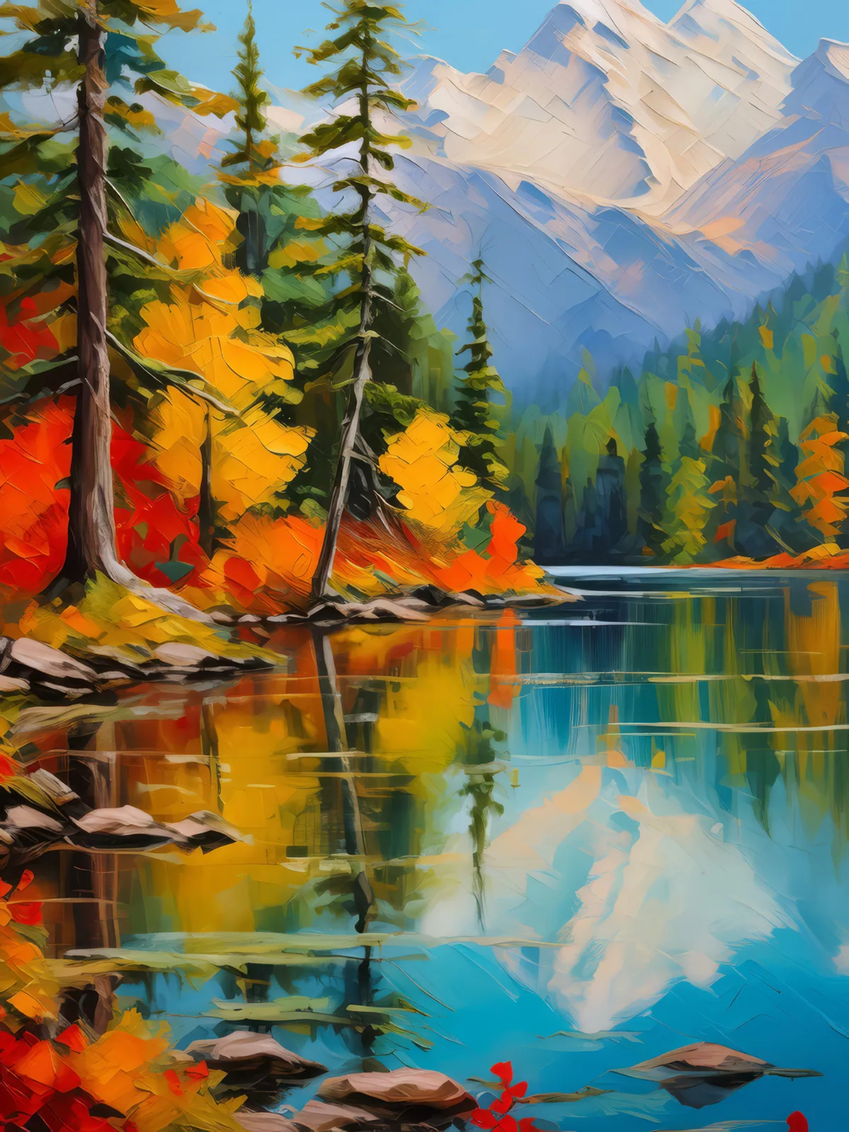 Autumn Reflections in Boreal Lake, a palette-knife oil landscape by Emma Mickelberg