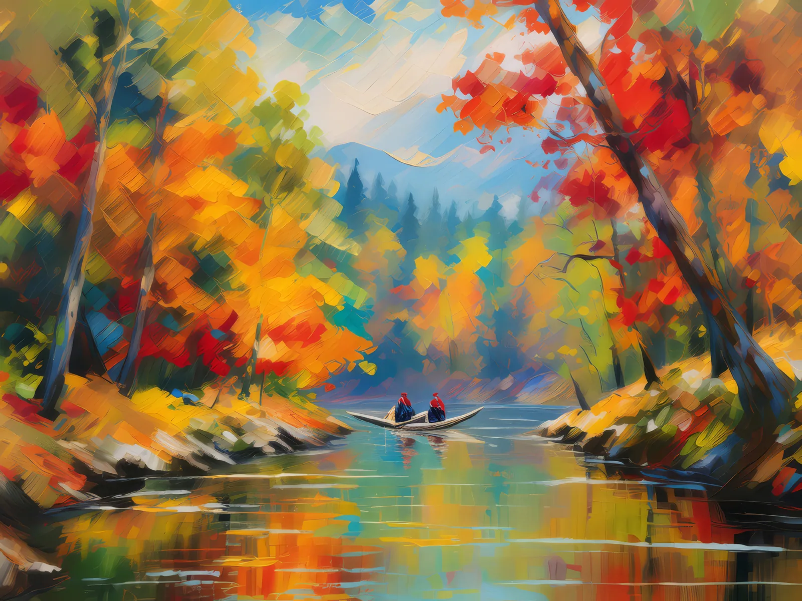 Autumn River Canoe Trip, a palette-knife oil landscape by Emma Mickelberg