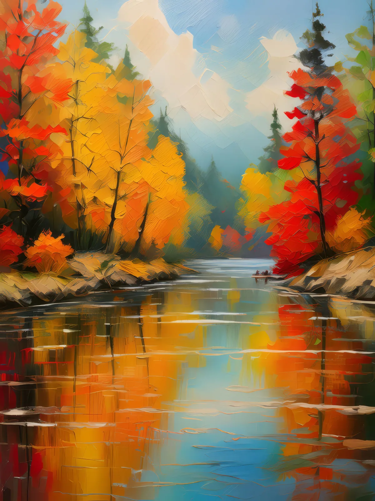 Autumn River Reflections, a palette-knife oil landscape by Emma Mickelberg