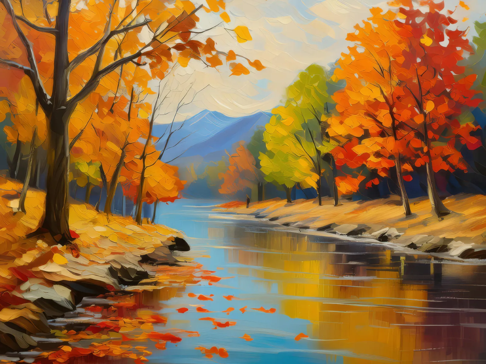 Autumn Riverside Walk, a palette-knife oil landscape by Emma Mickelberg