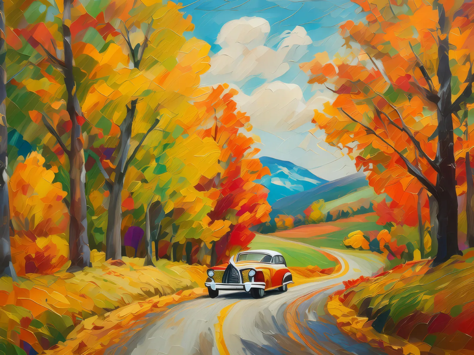 Autumn Road Trip, a palette-knife oil landscape by Emma Mickelberg