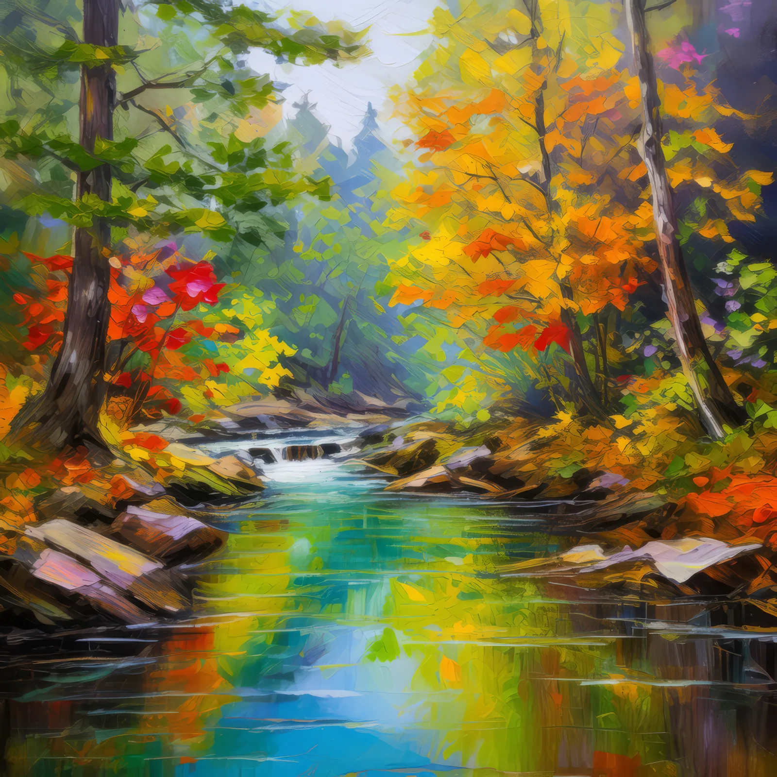 Autumn Stream Through Forest, a palette-knife oil landscape by Emma Mickelberg
