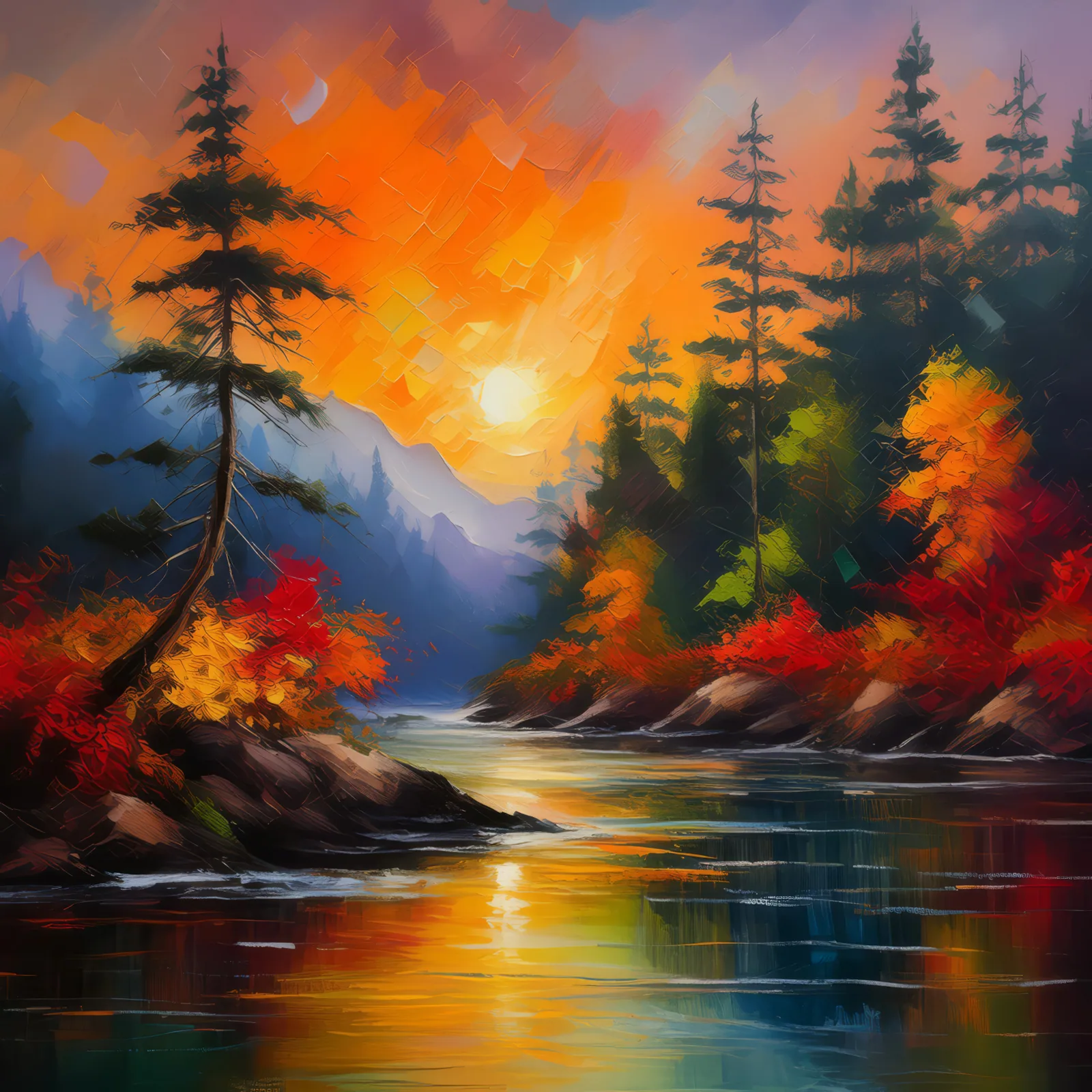 Autumn Twilight in Boreal Jungle, a palette-knife oil landscape by Emma Mickelberg