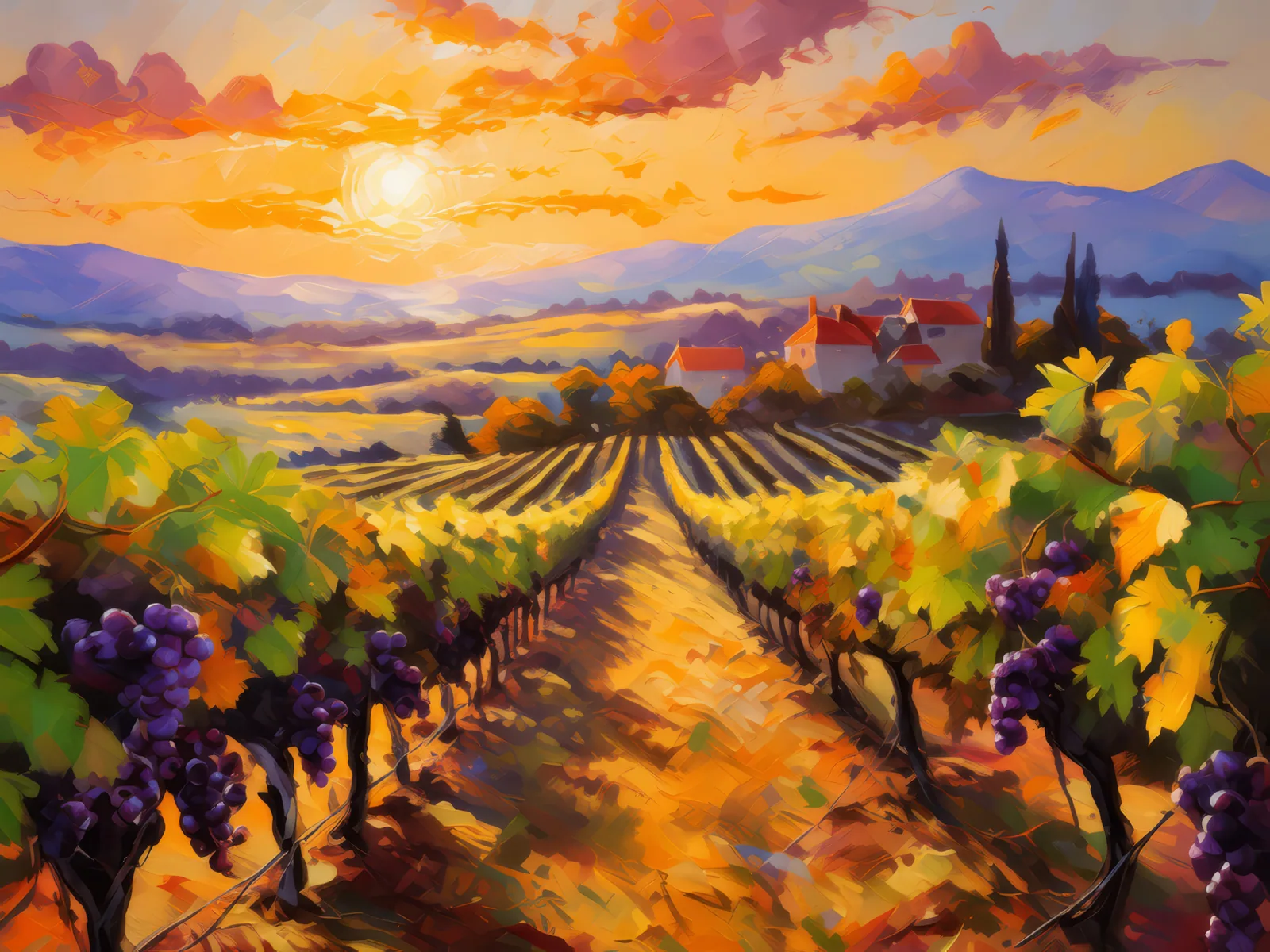 Autumn Vineyard Sunrise, a palette-knife oil landscape by Emma Mickelberg