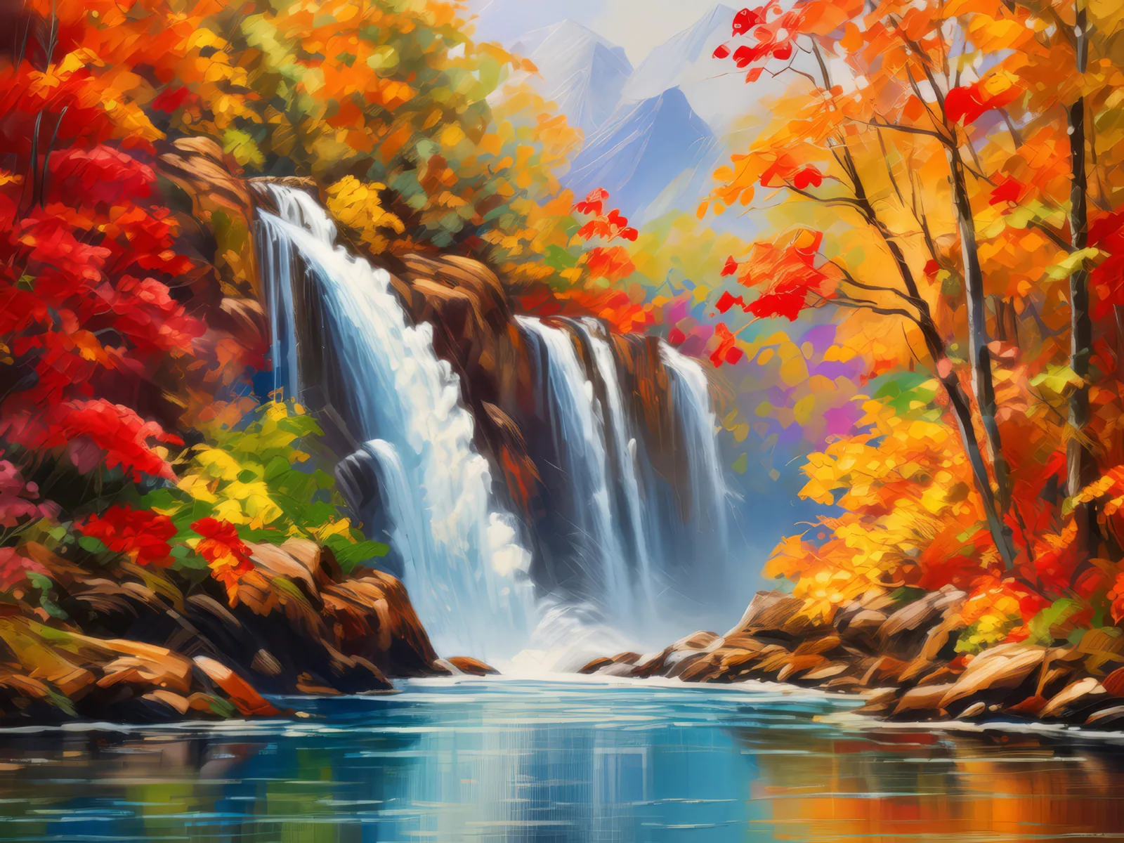 Autumn Waterfall Panorama, a palette-knife oil landscape by Emma Mickelberg