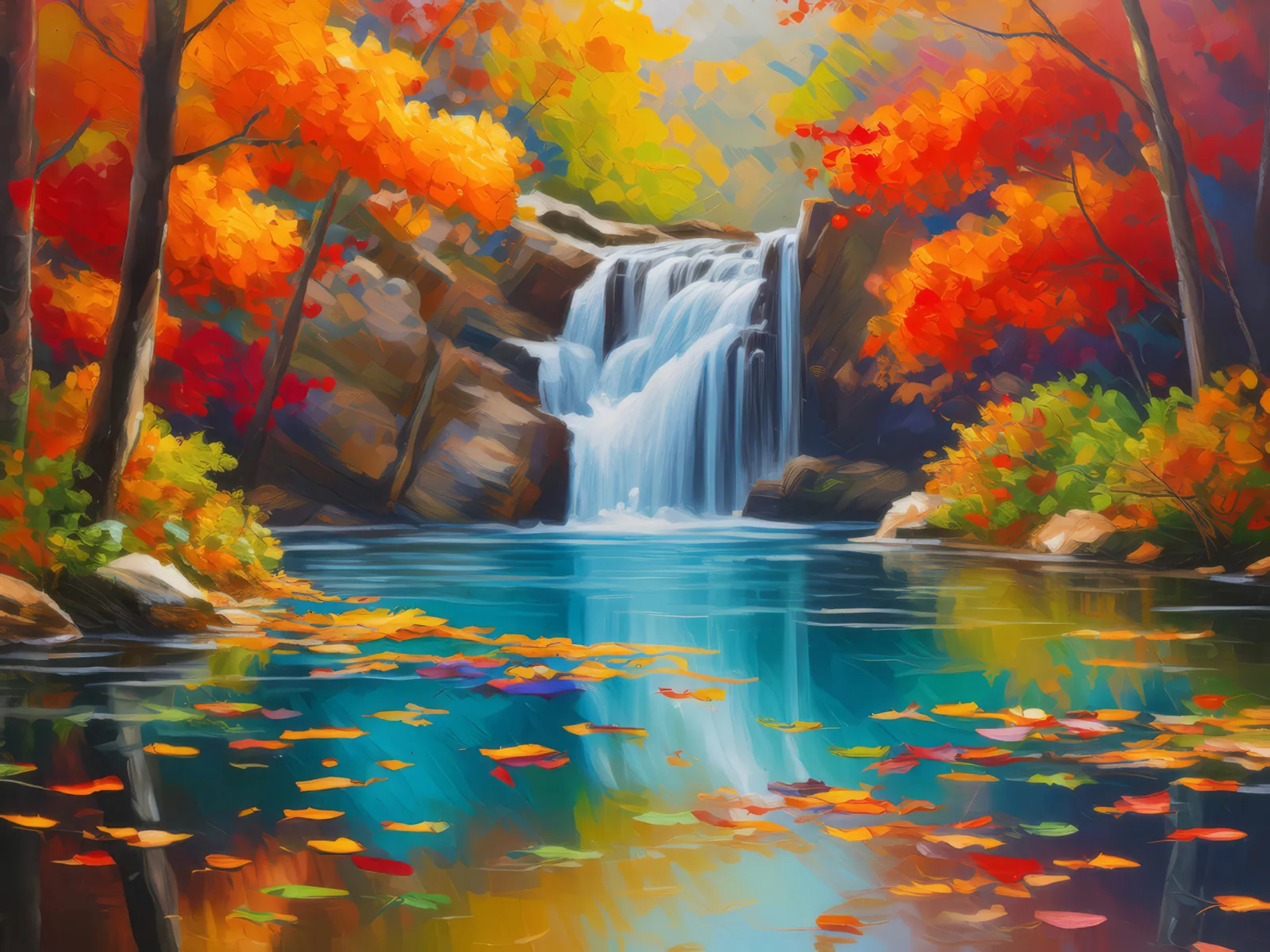 Autumn Waterfall, a palette-knife oil landscape by Emma Mickelberg