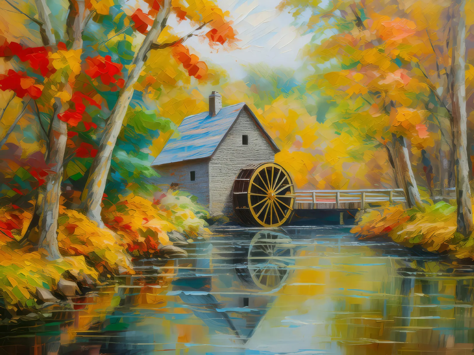 Autumn Watermill Scene, a palette-knife oil landscape by Emma Mickelberg