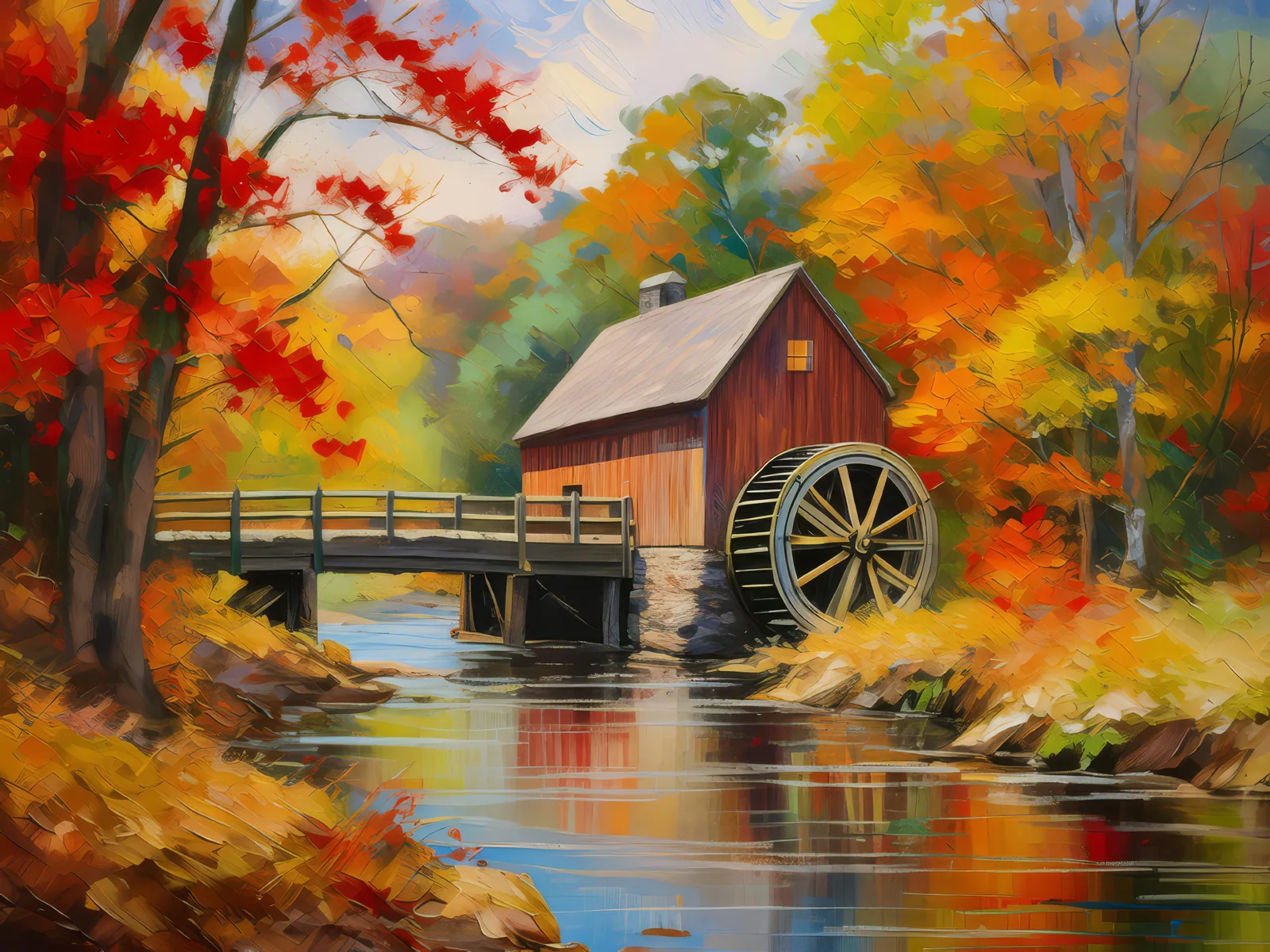 Autumn Watermill, a palette-knife oil landscape by Emma Mickelberg