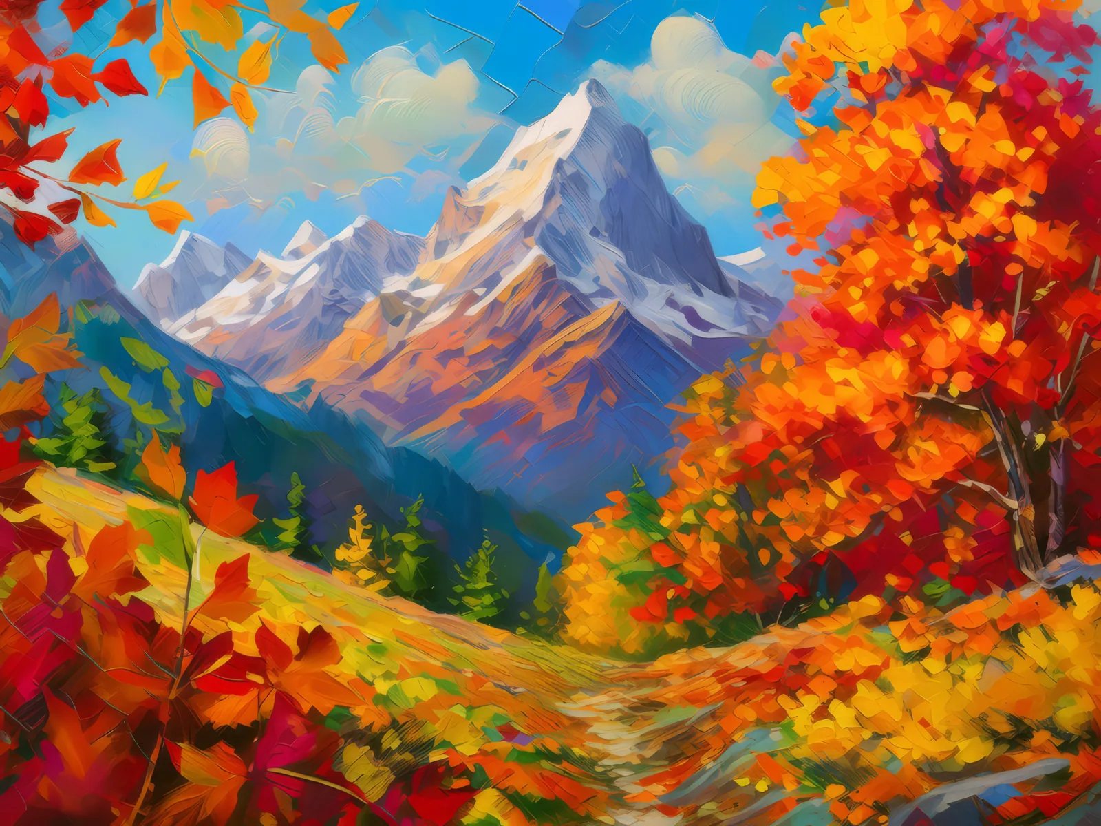 Autumn's Alpine Fire, a palette-knife oil landscape by Emma Mickelberg