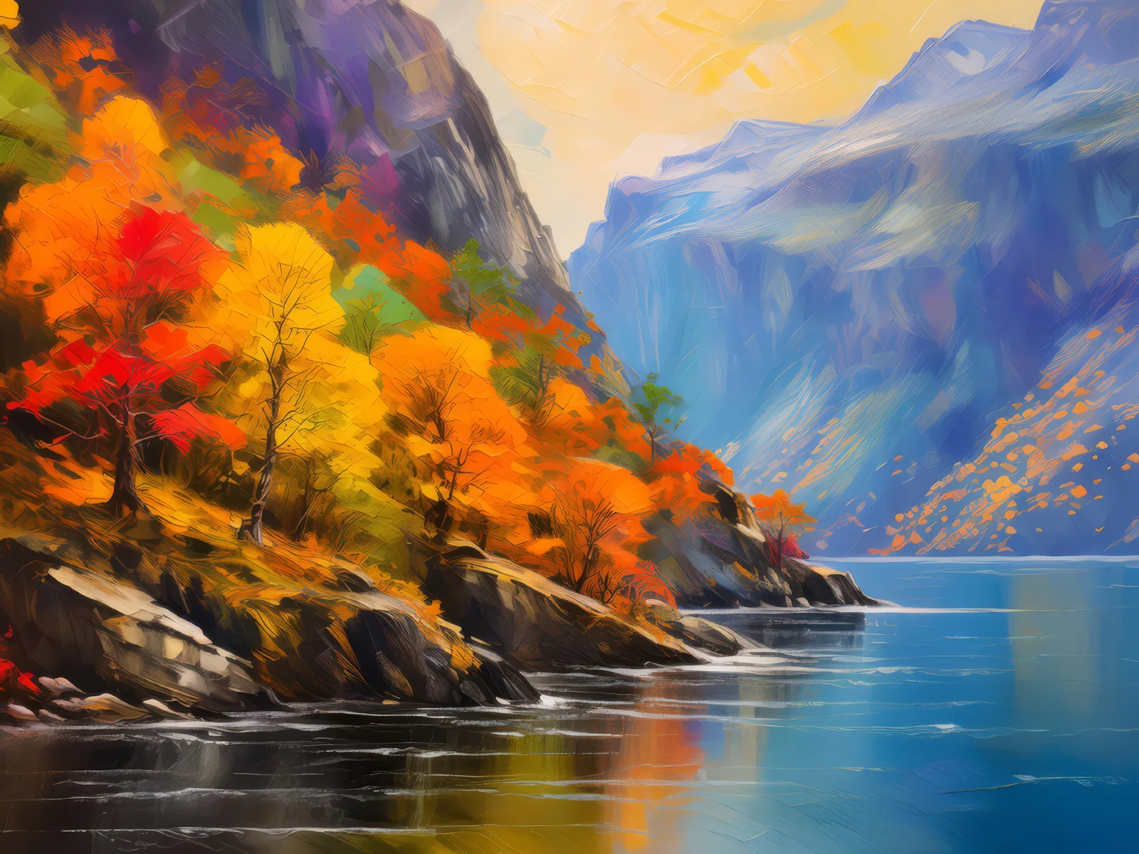 Autumn's Arrival at the Fjord, a palette-knife oil landscape by Emma Mickelberg