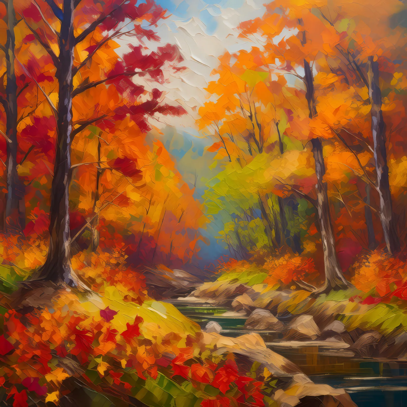 Autumn's Fiery Display, a palette-knife oil landscape by Emma Mickelberg