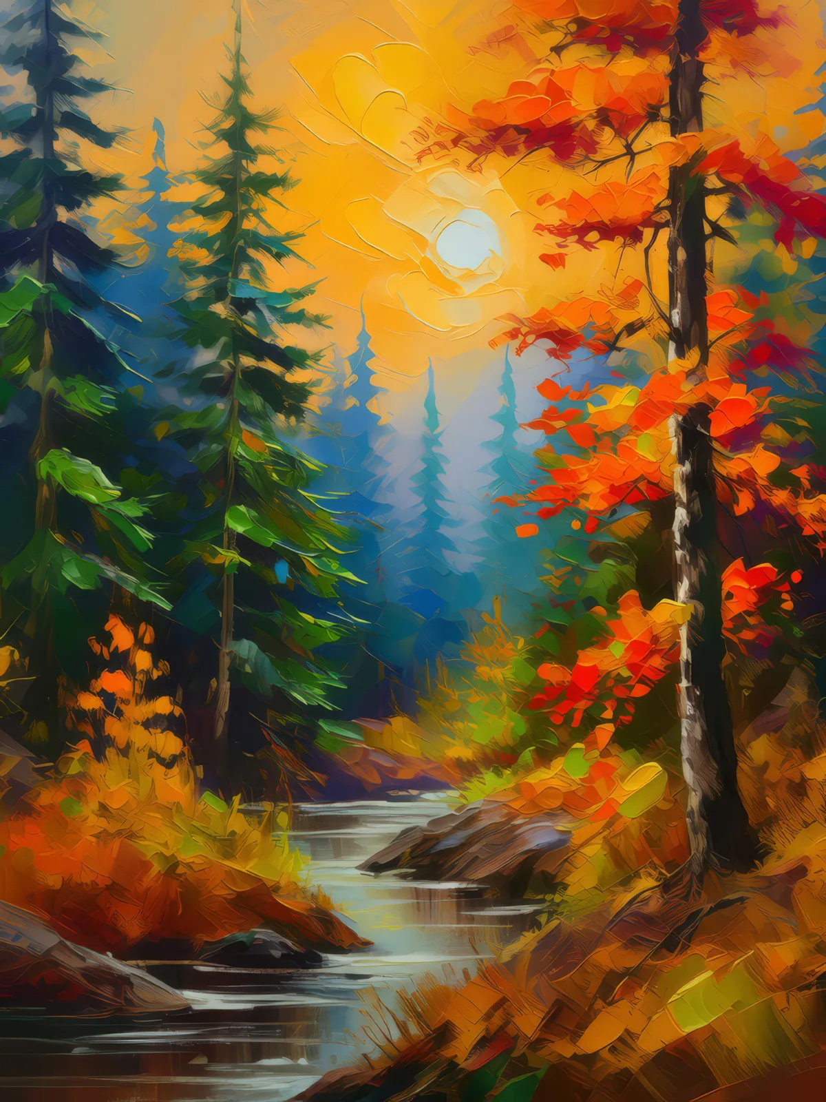 Autumn's Fire in the Jungle, a palette-knife oil landscape by Emma Mickelberg