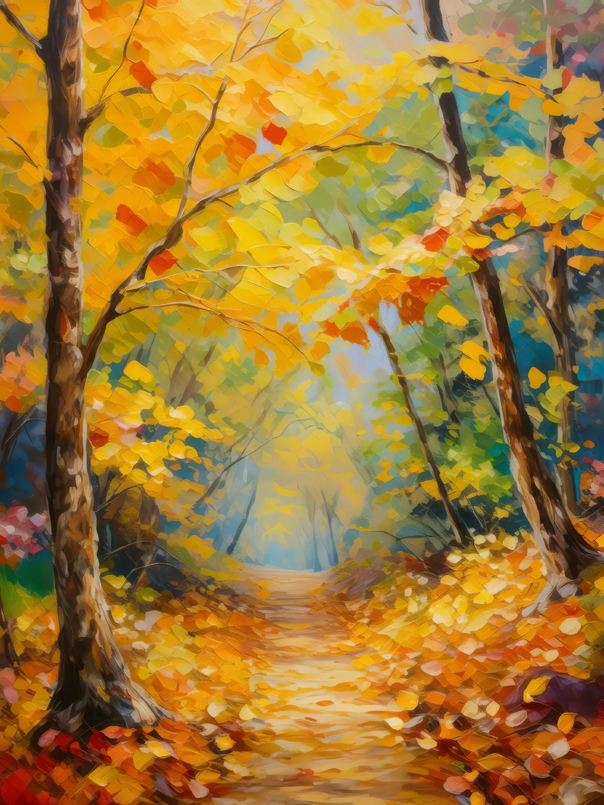 Autumn's Golden Canopy, a palette-knife oil landscape by Emma Mickelberg