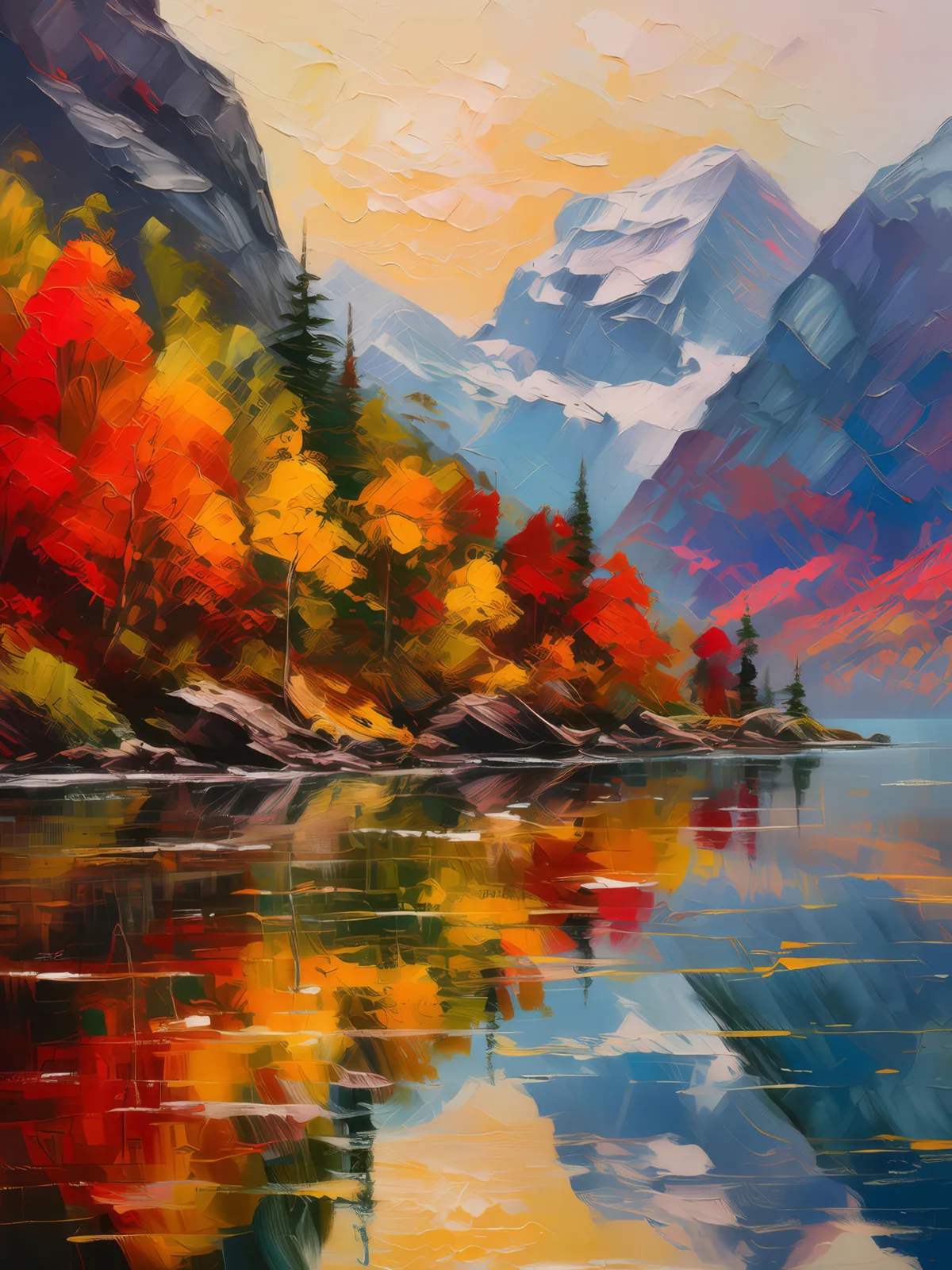 Autumn's Reflection in the Fjord, a palette-knife oil landscape by Emma Mickelberg