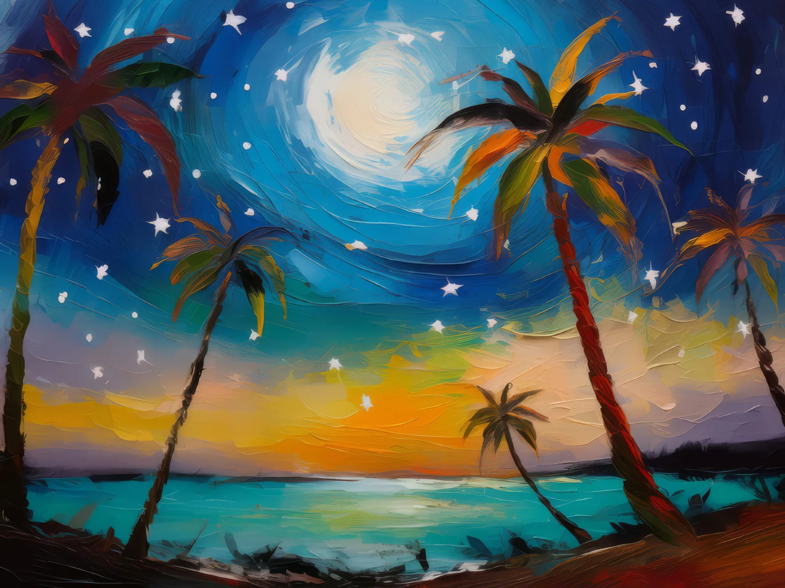 Balmy Tropical Night, a palette-knife oil landscape by Emma Mickelberg