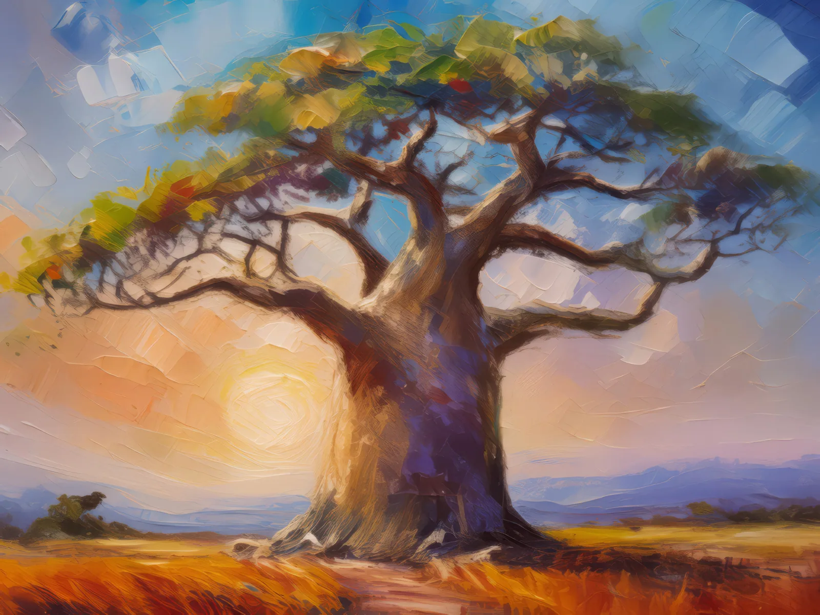Baobab Tree at Dawn, a palette-knife oil landscape by Emma Mickelberg