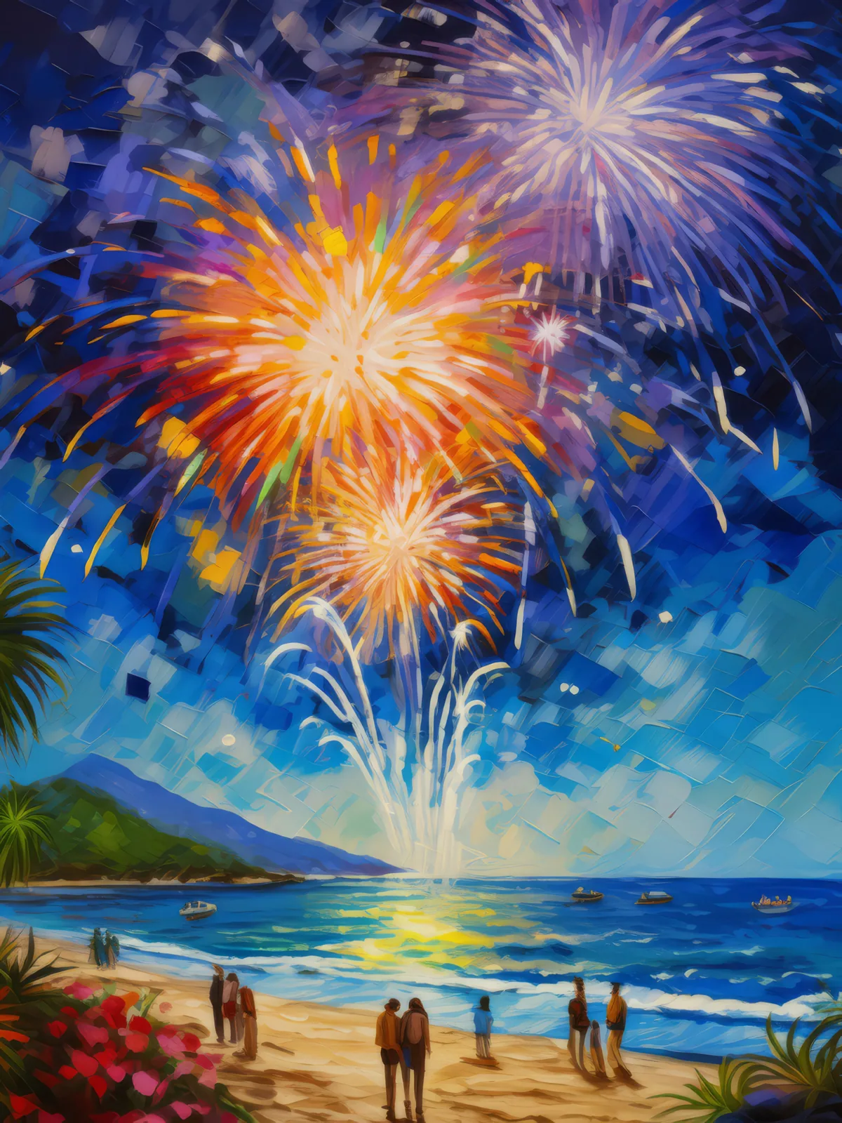 Beach Fireworks Show, a palette-knife oil landscape by Emma Mickelberg