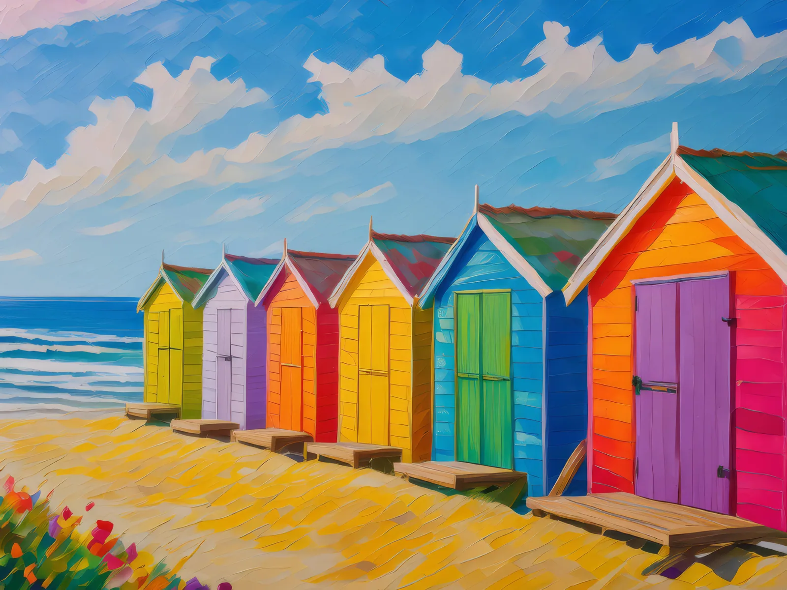 Beach Hut Village, a palette-knife oil landscape by Emma Mickelberg