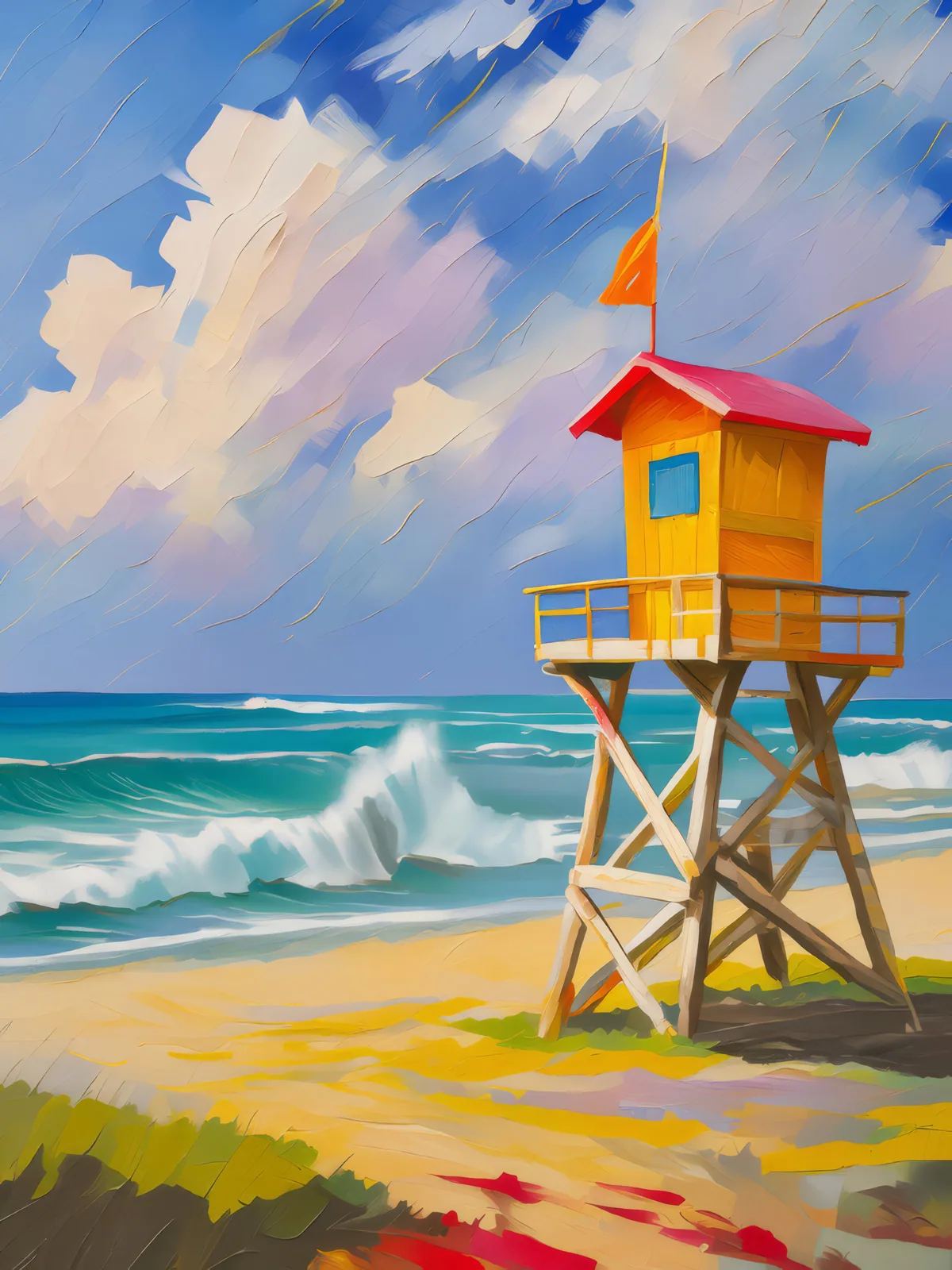 Beach Lifeguard Tower, a palette-knife oil landscape by Emma Mickelberg