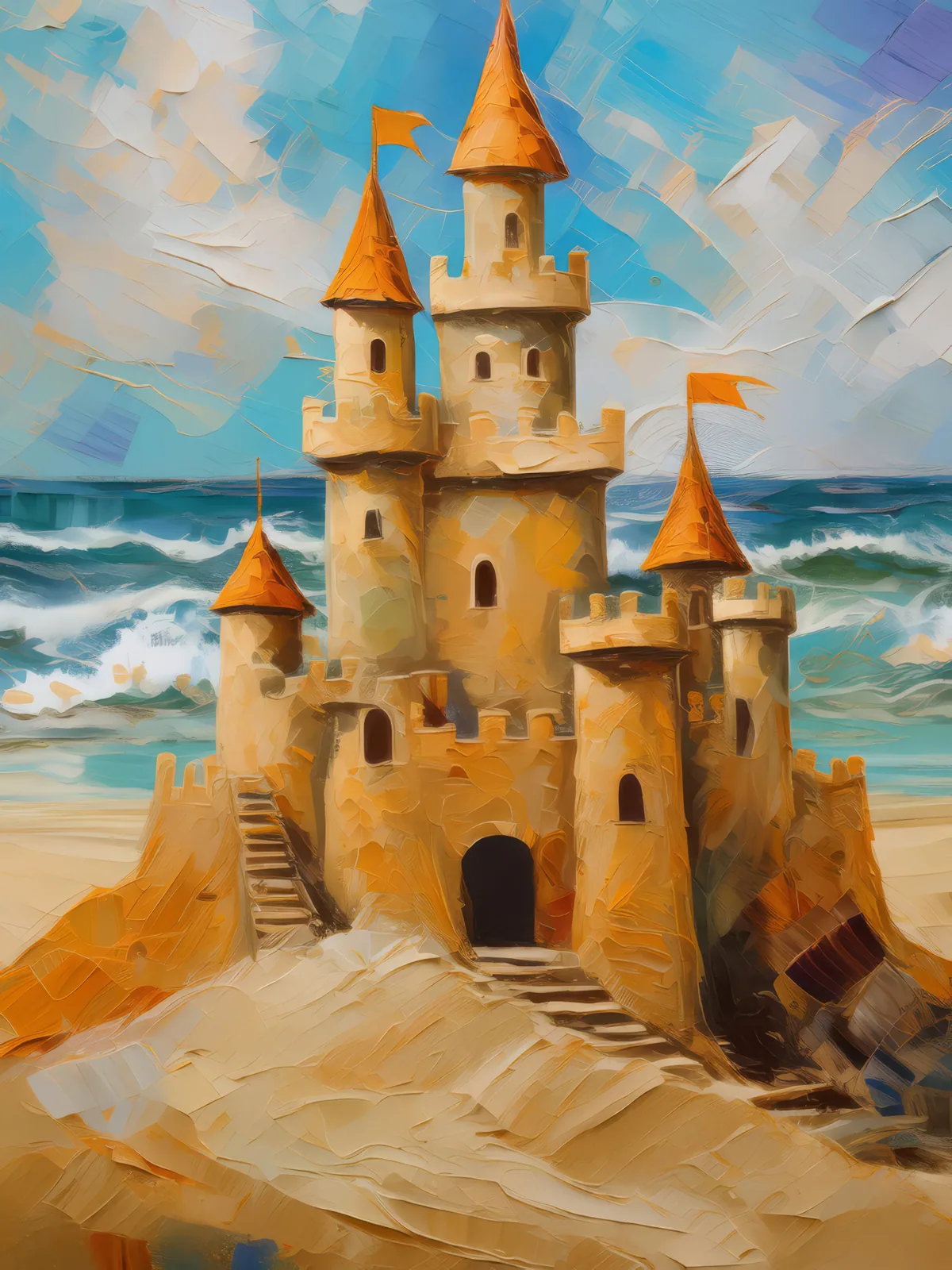 Beach Sandcastle, a palette-knife oil landscape by Emma Mickelberg