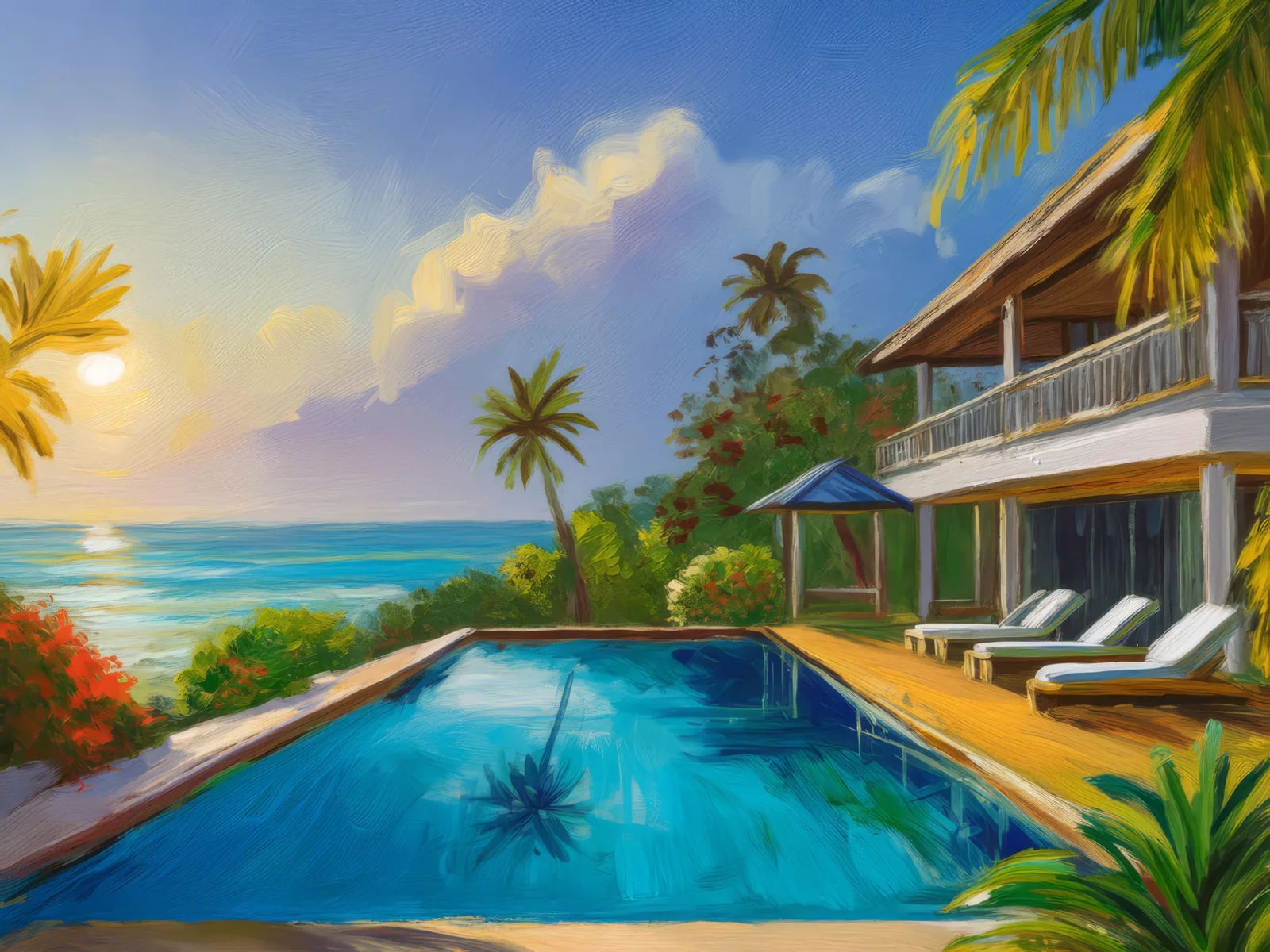 Beachfront Villa Escape, a palette-knife oil landscape by Emma Mickelberg