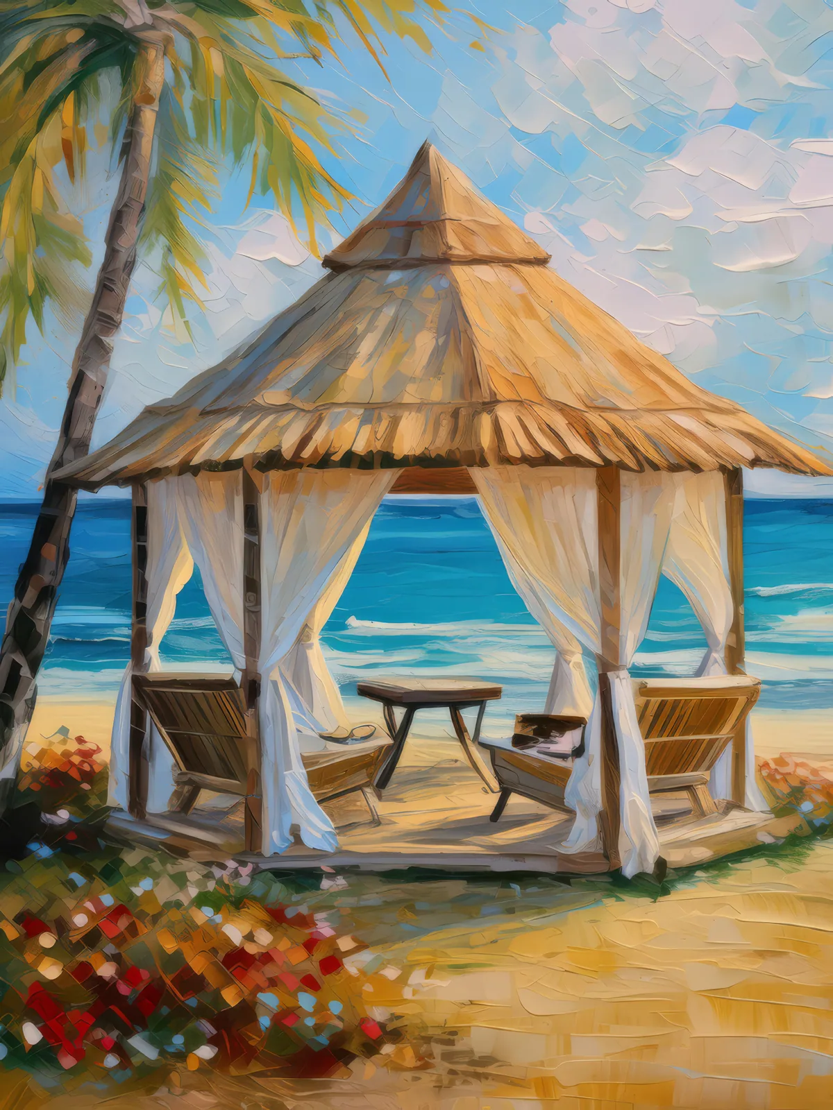 Beachside Cabana, a palette-knife oil landscape by Emma Mickelberg