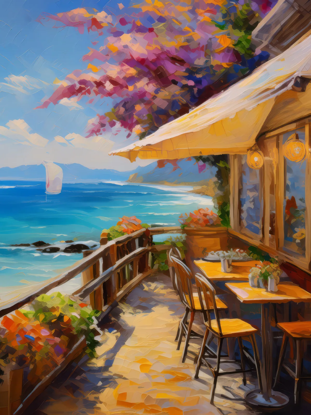 Beachside Cafe, a palette-knife oil landscape by Emma Mickelberg