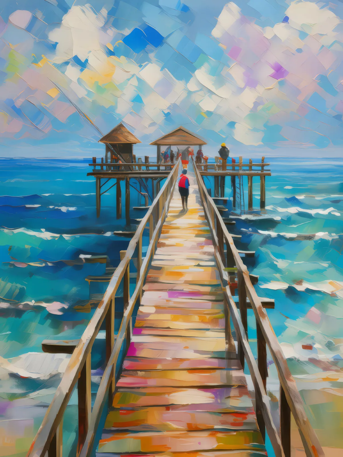 Beachside Fishing Pier, a palette-knife oil landscape by Emma Mickelberg