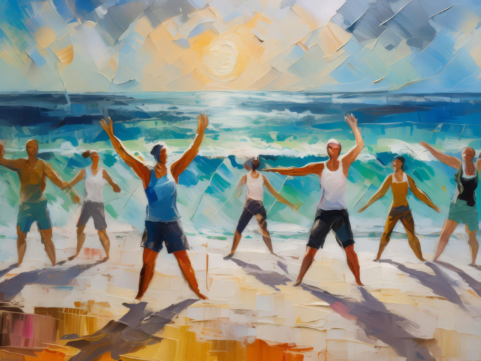 Beachside Fitness Class, a palette-knife oil landscape by Emma Mickelberg