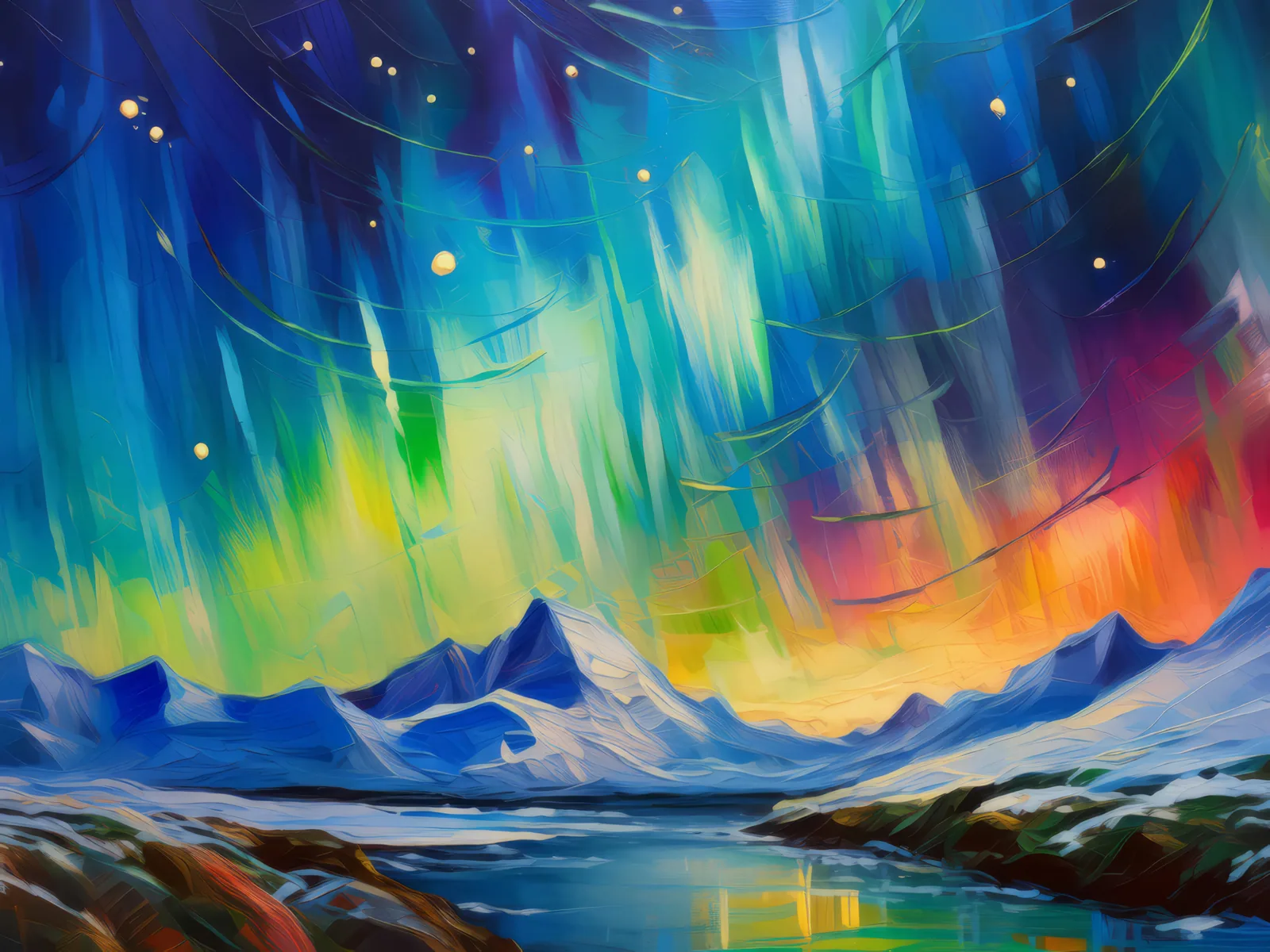 Beneath the Aurora Curtain, a palette-knife oil landscape by Emma Mickelberg