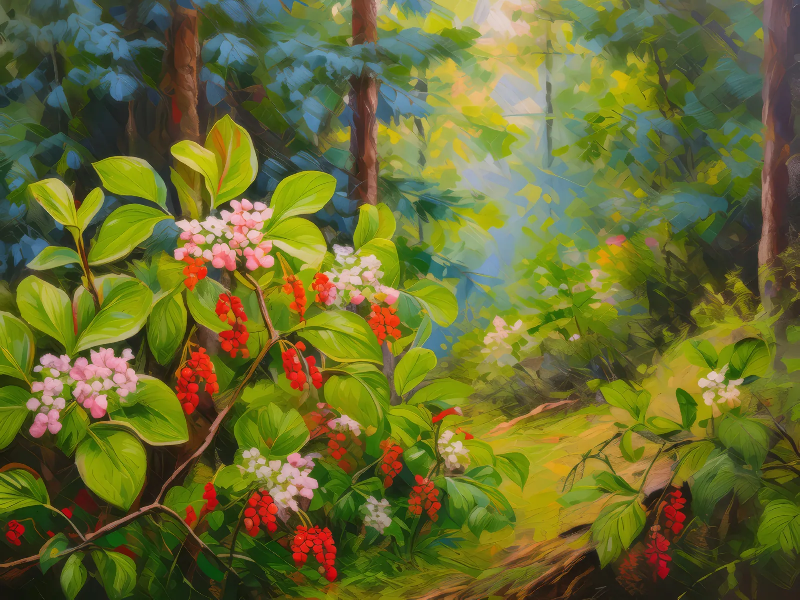 Berry Bushes in Bloom, a palette-knife oil landscape by Emma Mickelberg