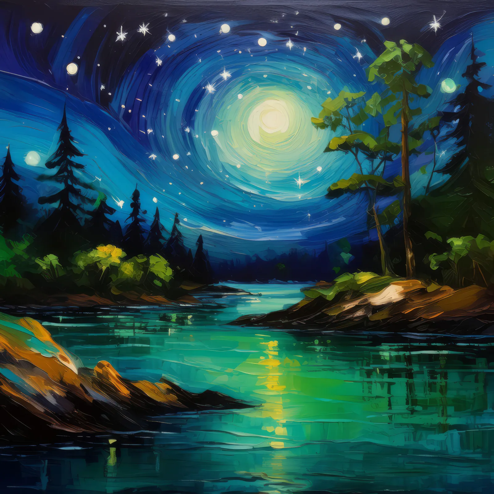 Bioluminescent Bay Night, a palette-knife oil landscape by Emma Mickelberg