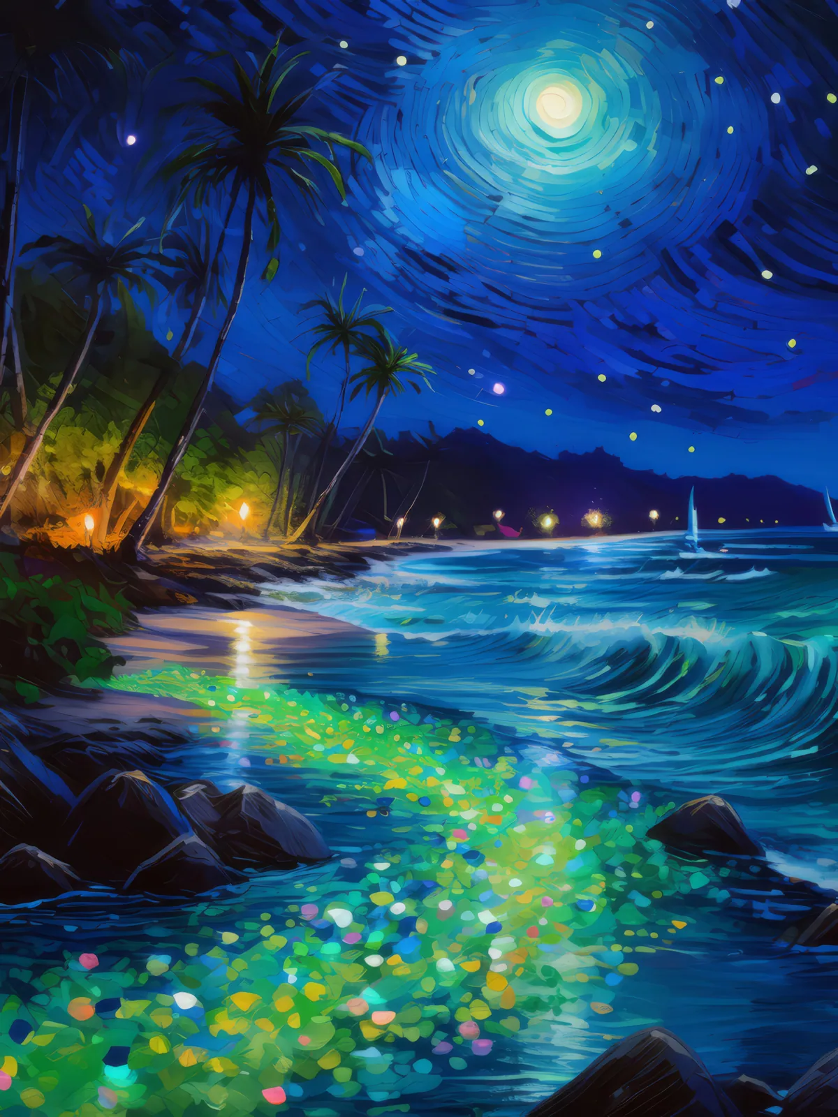Bioluminescent Ocean Waves, a palette-knife oil landscape by Emma Mickelberg