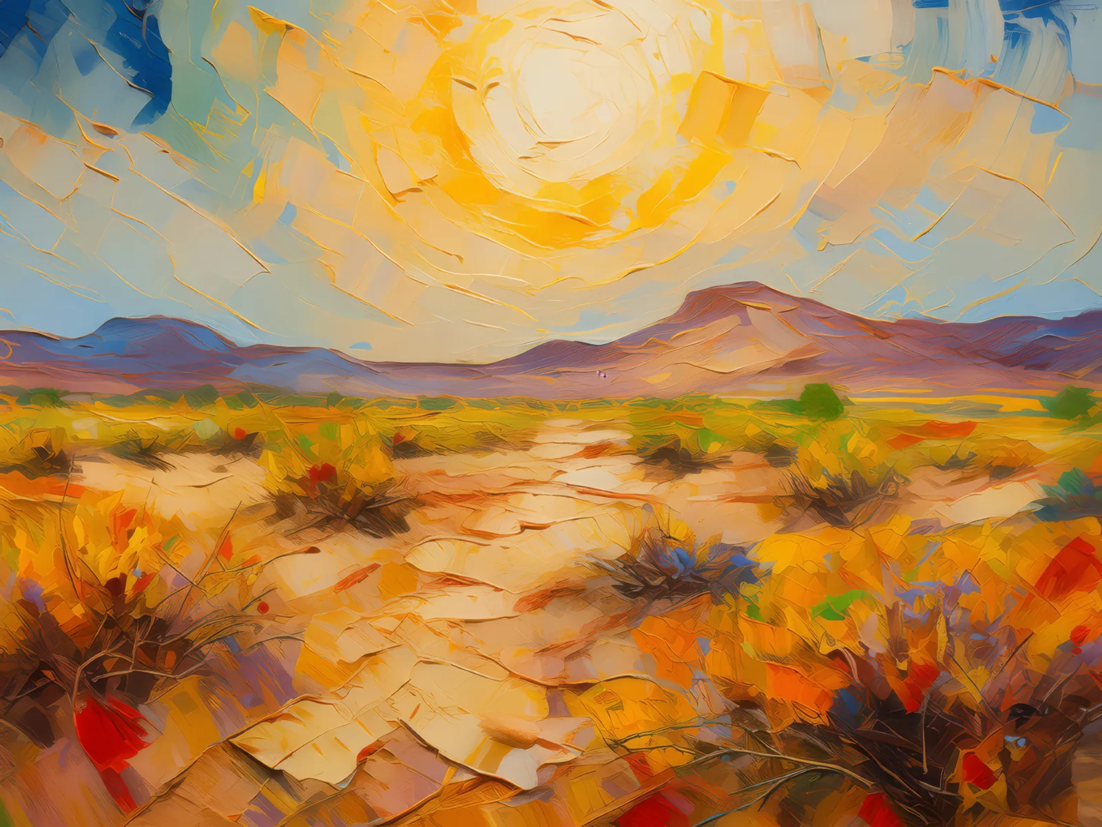 Blistering Desert Wasteland, a palette-knife oil landscape by Emma Mickelberg