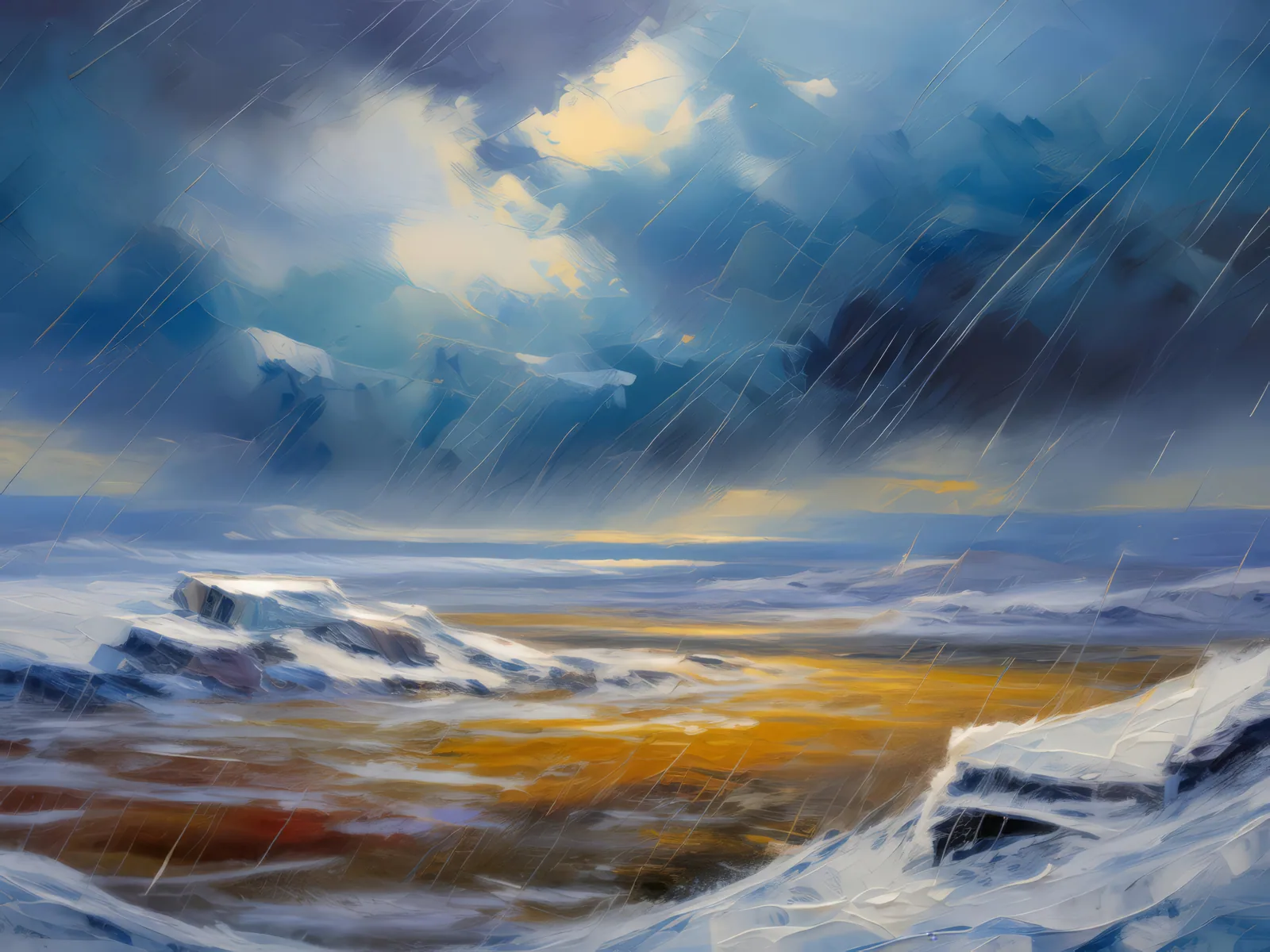 Blizzard Swept Arctic Plateau, a palette-knife oil landscape by Emma Mickelberg