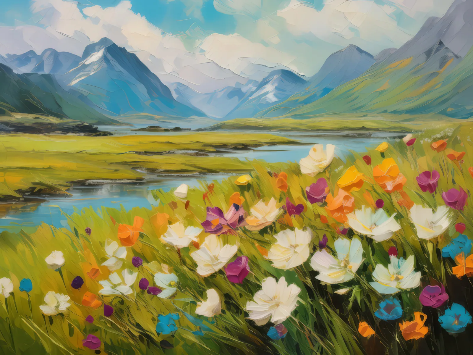 Blooming Arctic Flowers, a palette-knife oil landscape by Emma Mickelberg