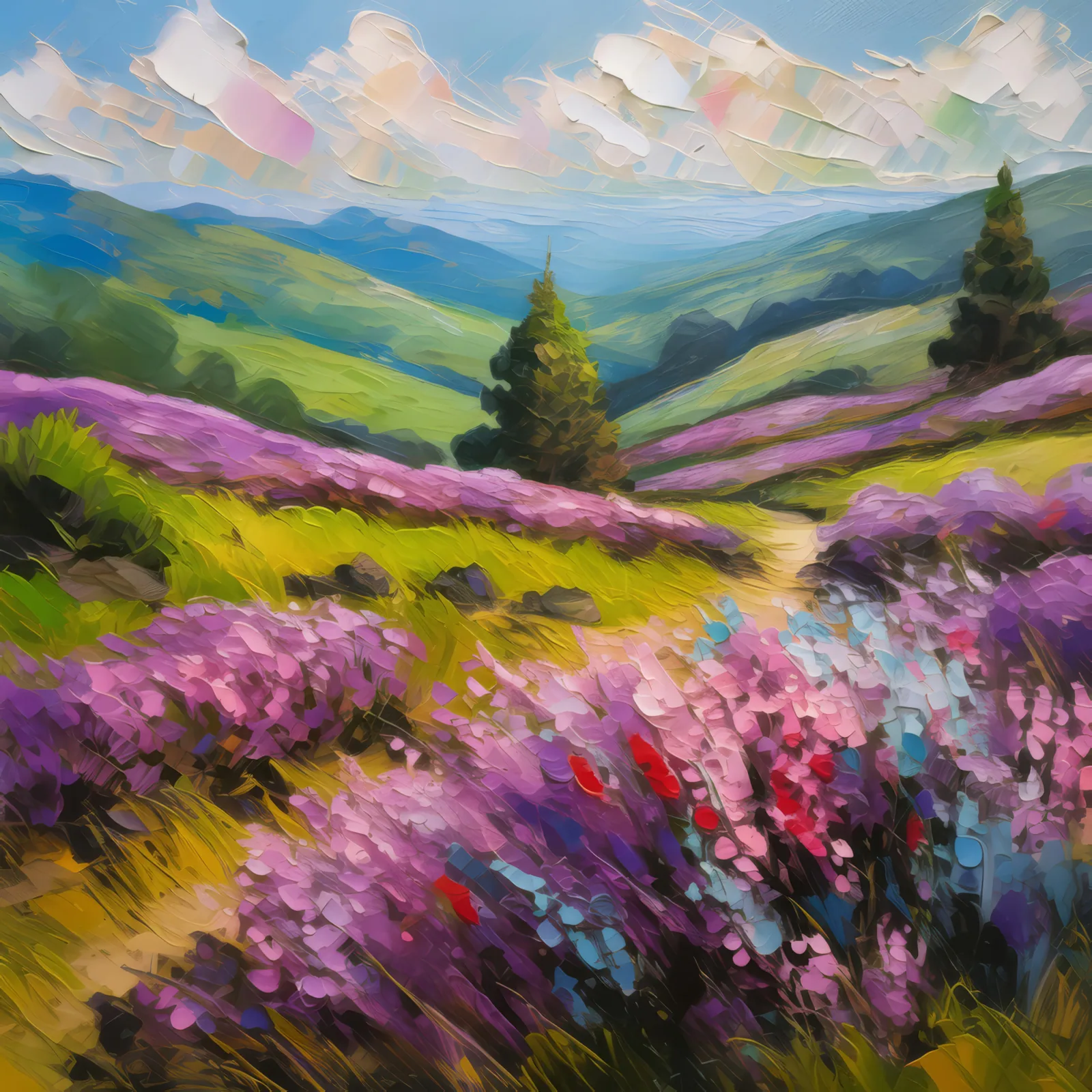 Blooming Heather on Moor, a palette-knife oil landscape by Emma Mickelberg