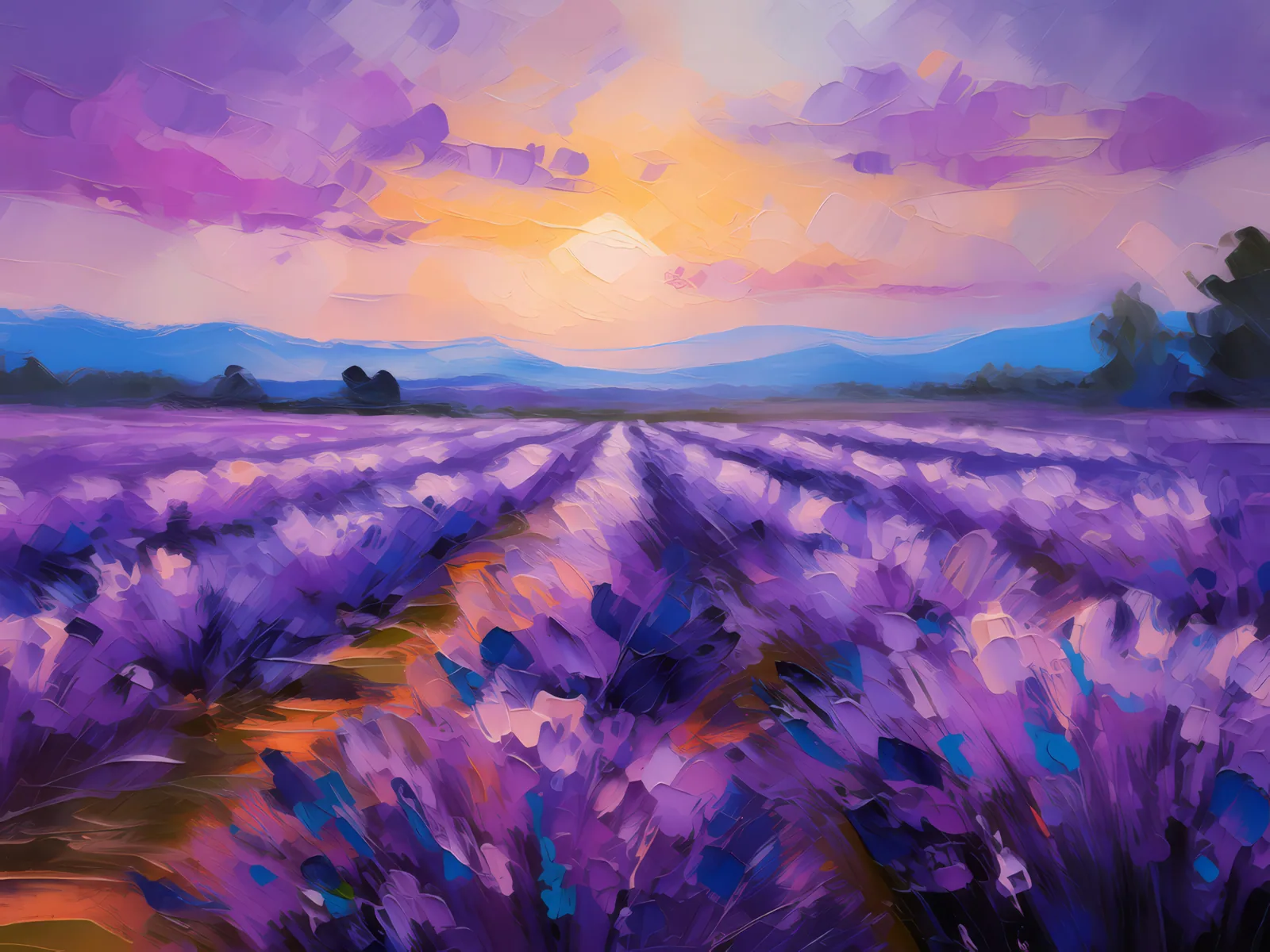 Blooming Lavender at Dusk, a palette-knife oil landscape by Emma Mickelberg