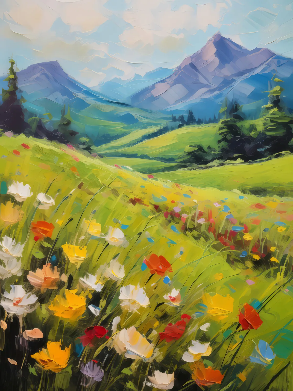 Blooming Spring Meadow, a palette-knife oil landscape by Emma Mickelberg