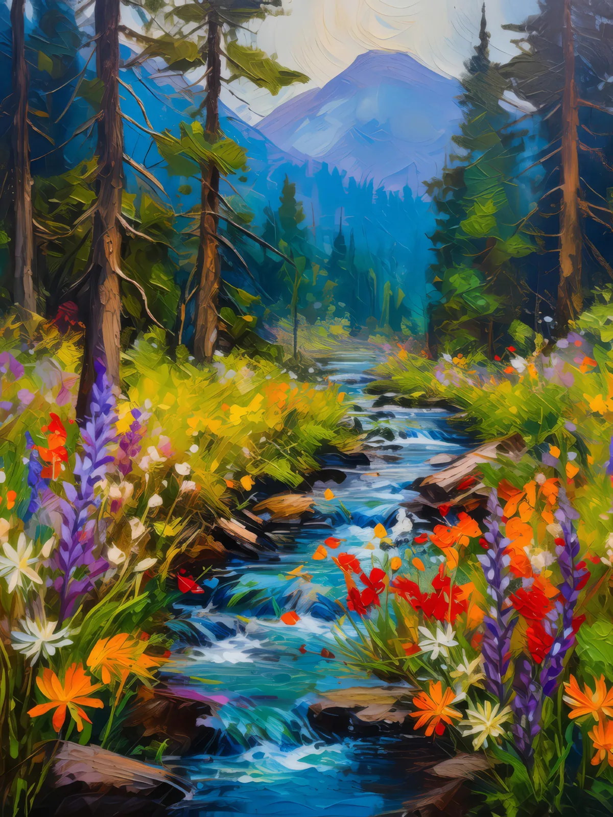 Blooms Along the Stream, a palette-knife oil landscape by Emma Mickelberg