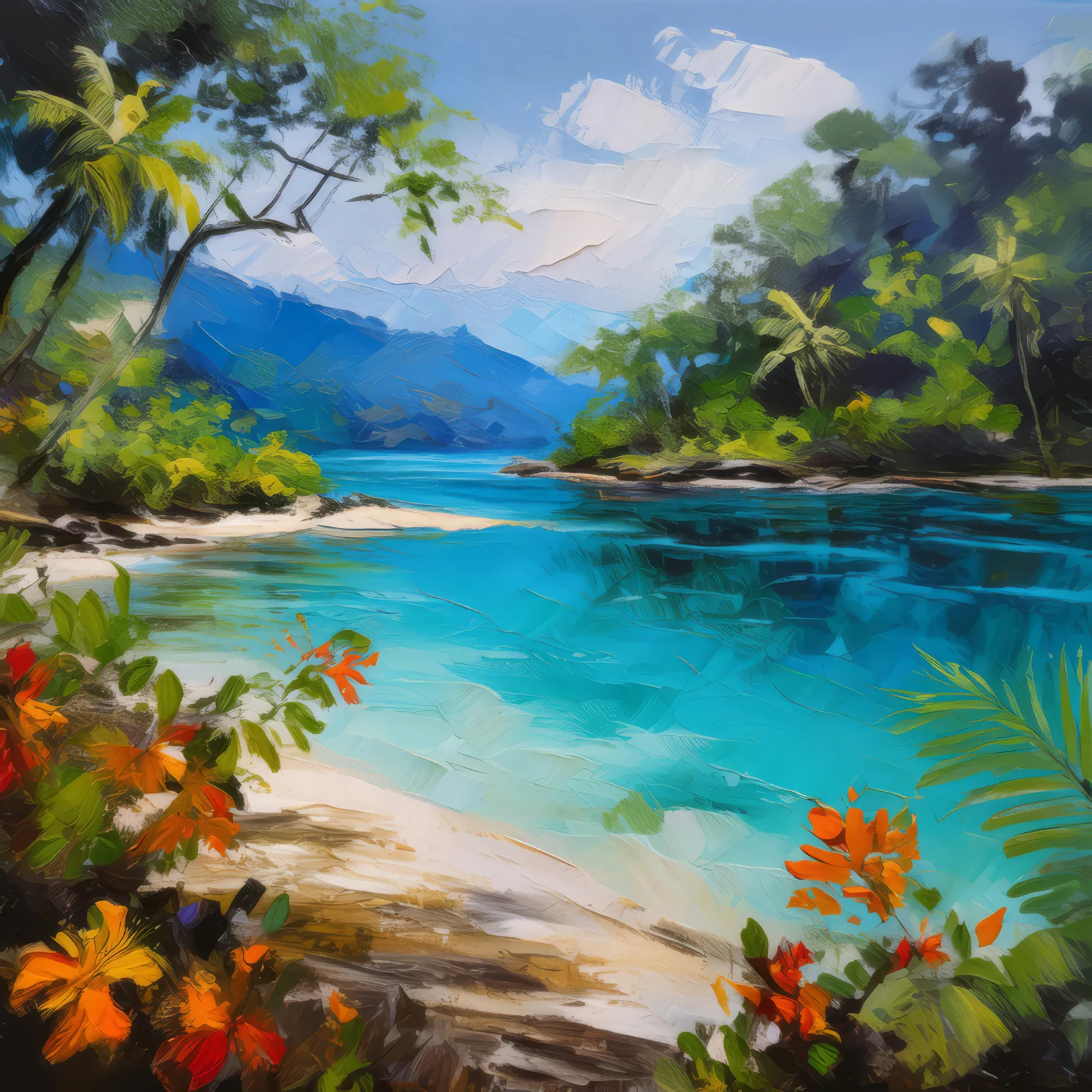 Blue Lagoon with Foliage, a palette-knife oil landscape by Emma Mickelberg