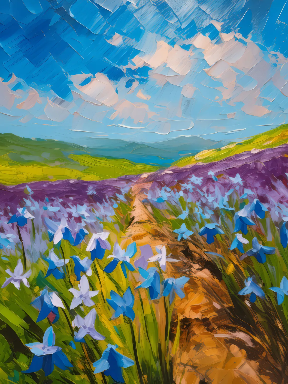 Bluebells on the Moor, a palette-knife oil landscape by Emma Mickelberg
