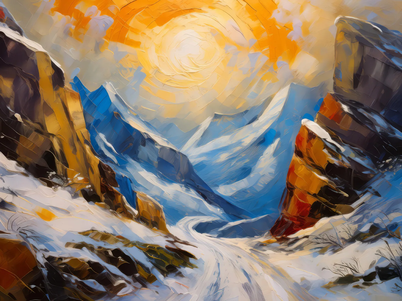 Blustery Alpine Pass, a palette-knife oil landscape by Emma Mickelberg