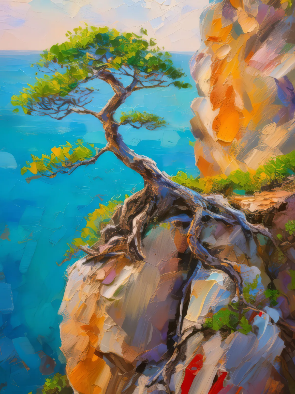 Bonsai on Craggy Ledge, a palette-knife oil landscape by Emma Mickelberg