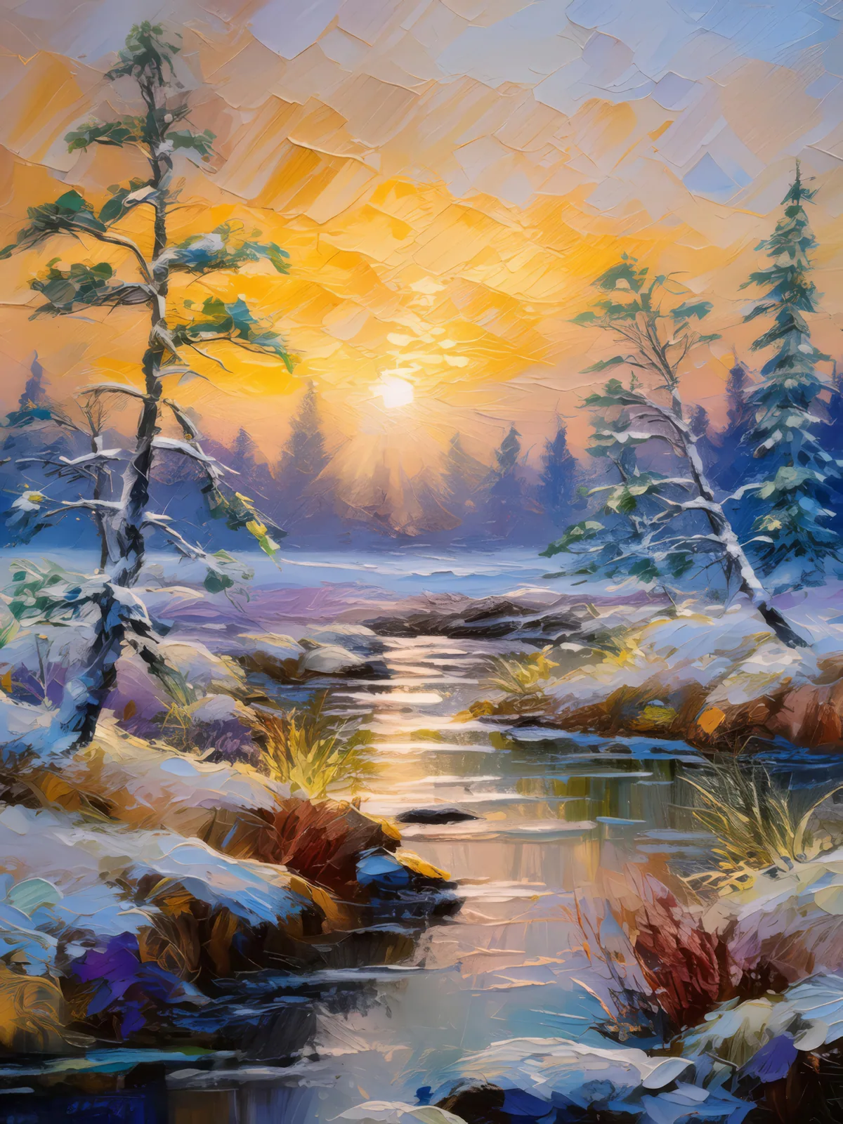 Boreal Desert Frost Awakening, a palette-knife oil landscape by Emma Mickelberg