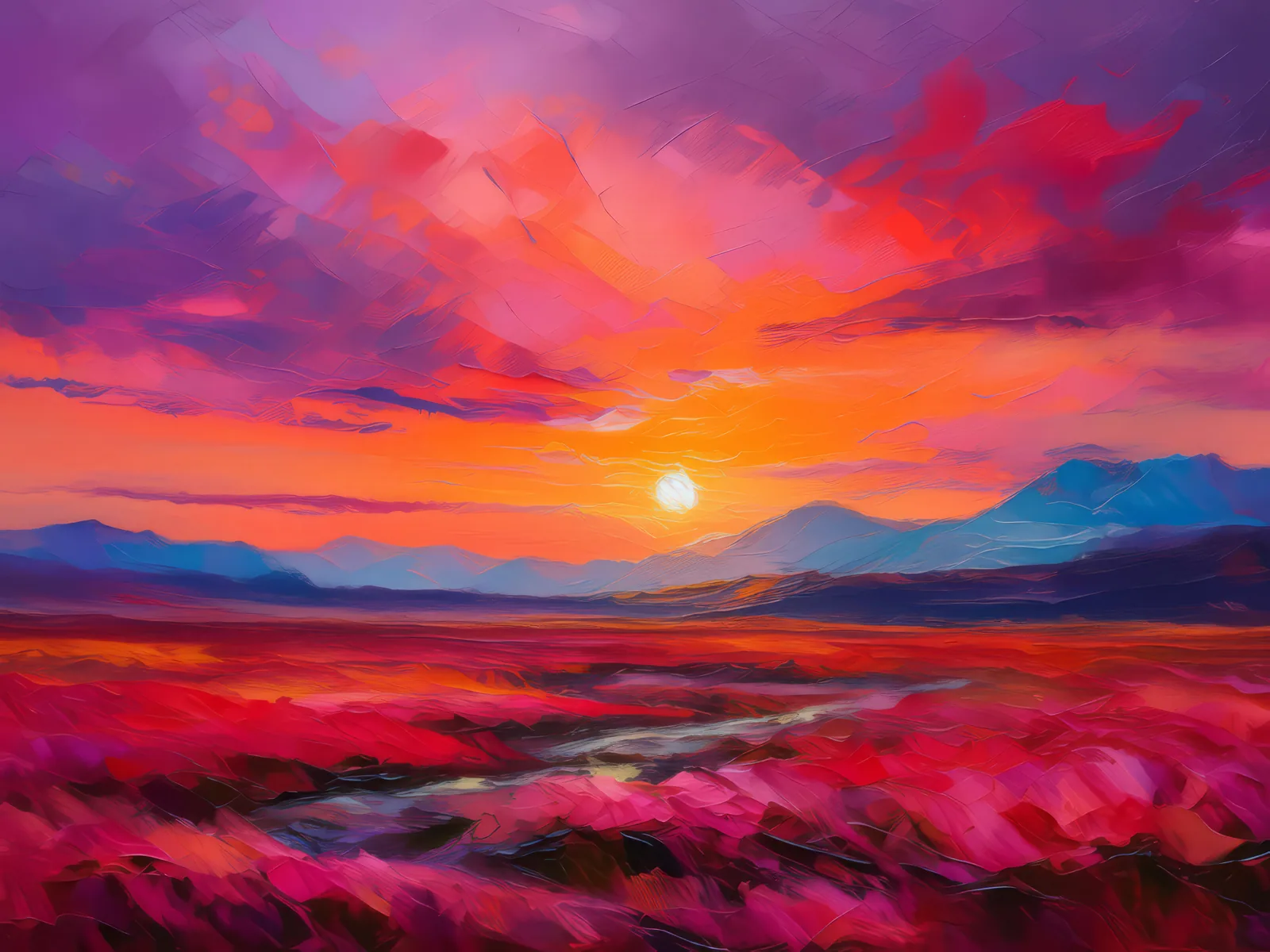 Boreal Desert Under Crimson Sky, a palette-knife oil landscape by Emma Mickelberg