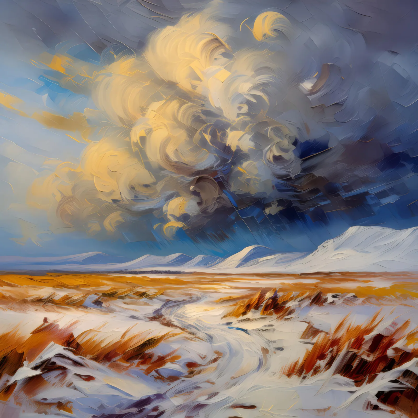 Boreal Desert Winter Storm, a palette-knife oil landscape by Emma Mickelberg
