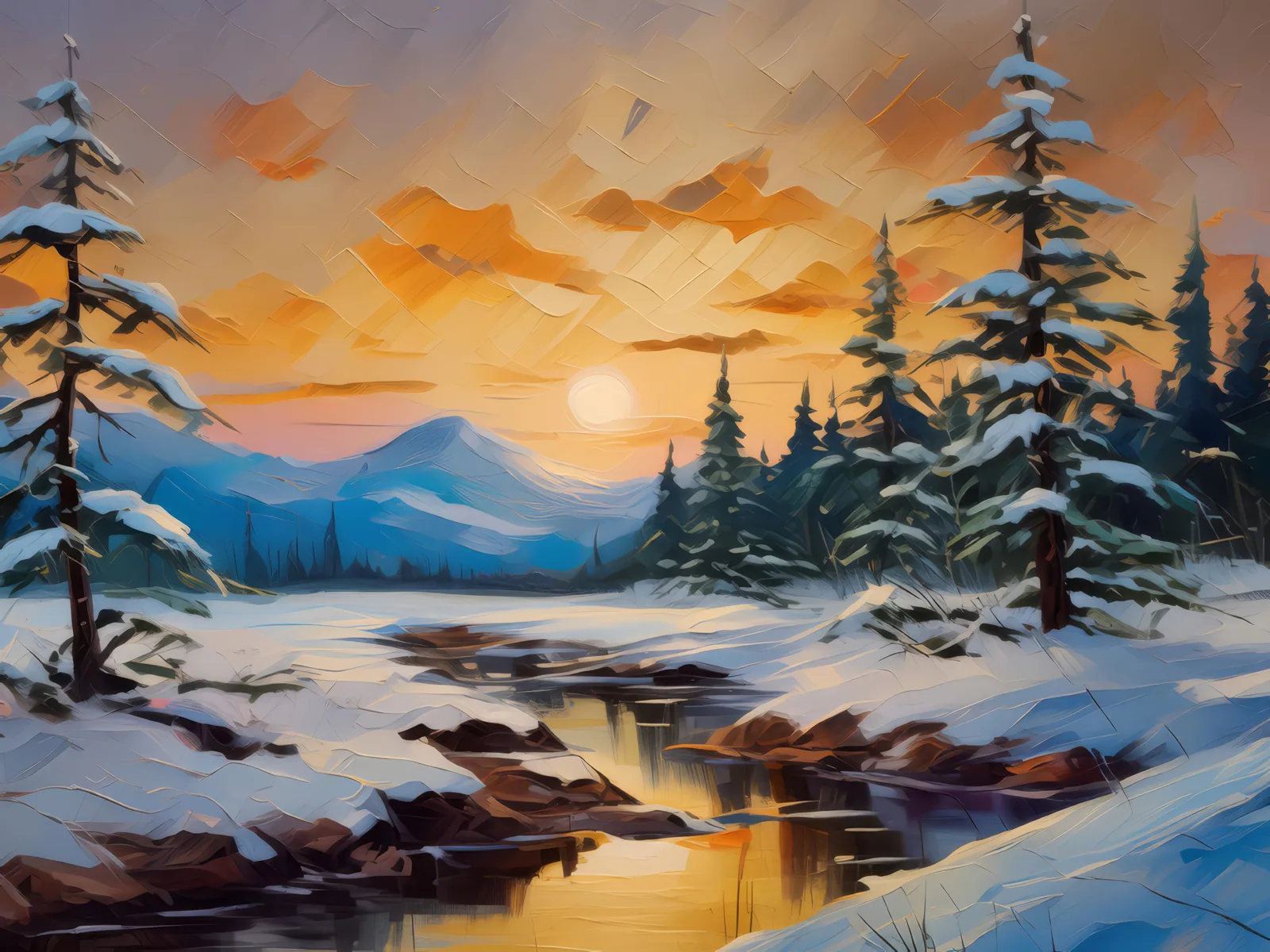 Boreal Desert Winter's Eve, a palette-knife oil landscape by Emma Mickelberg