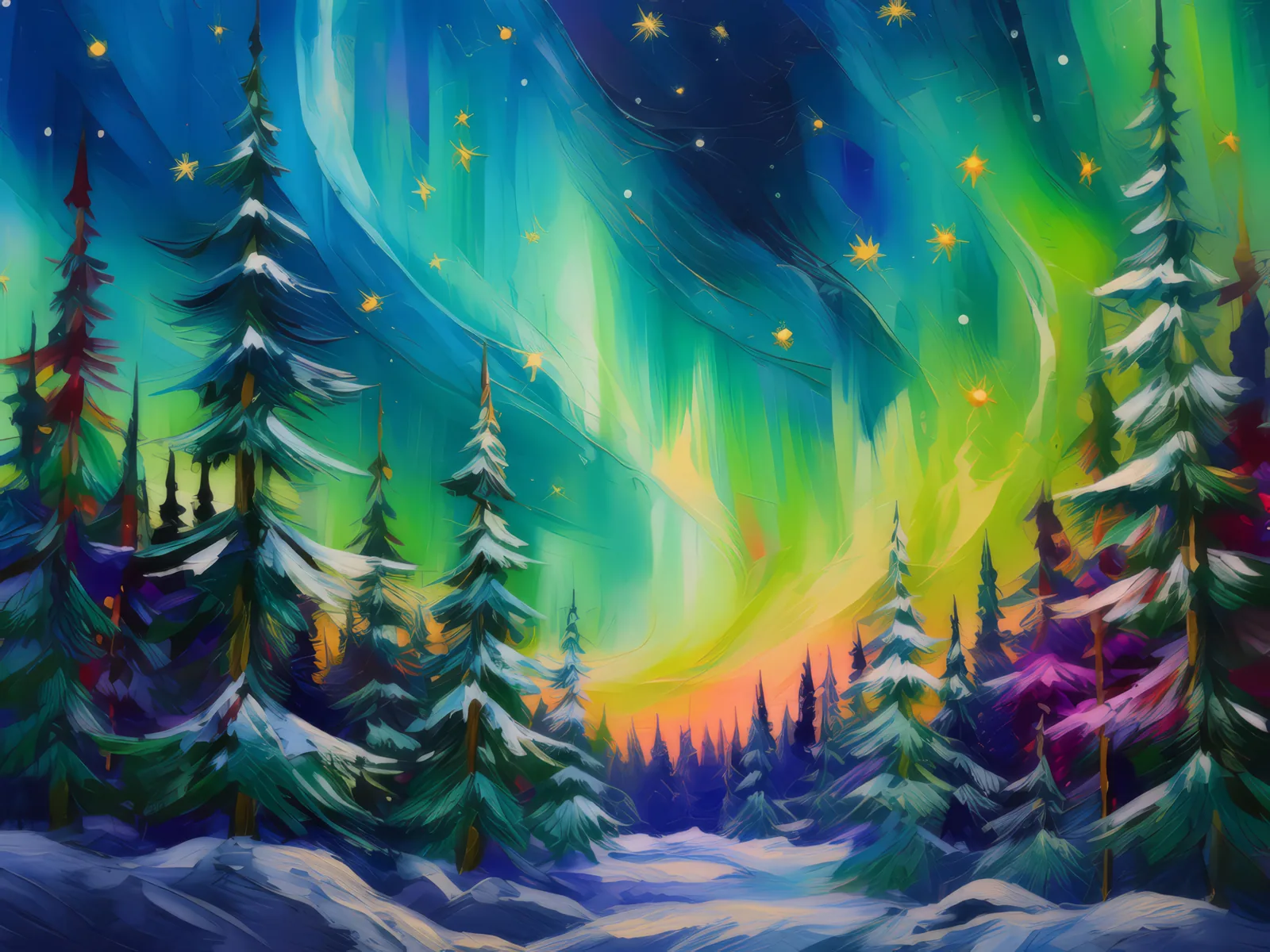 Boreal Forest Aurora, a palette-knife oil landscape by Emma Mickelberg