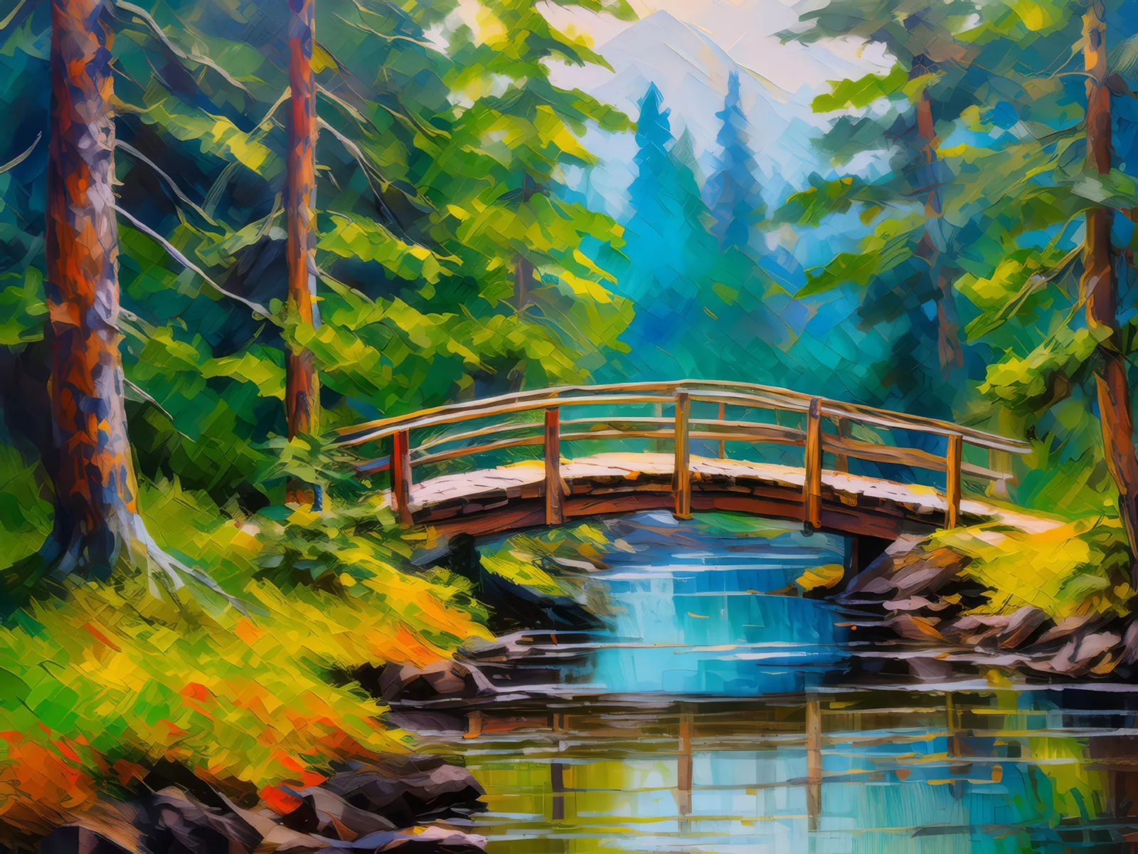 Boreal Forest Bridge, a palette-knife oil landscape by Emma Mickelberg